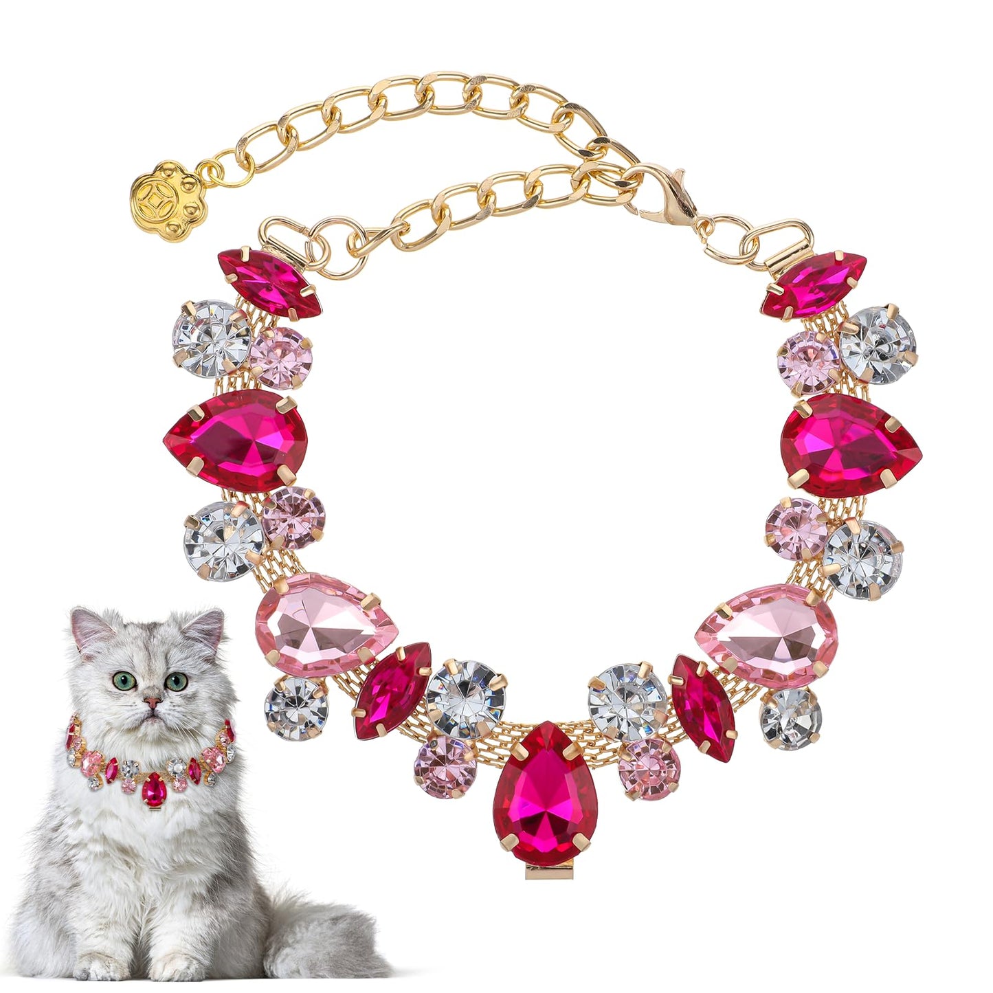 Adjustable Dog & Cat Collar, Stainless Steel Pink Diamond Collar with Bling Accessories, Rhinestone Cat Necklace Collars for Small Medium Pets(Pink, S)