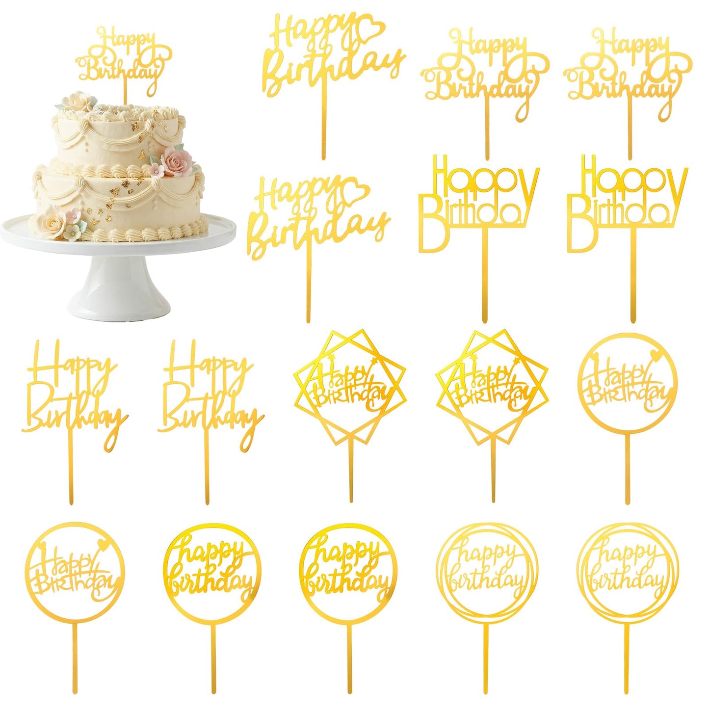 16Pcs Gold Happy Birthday Cake Topper Mirror Birthday Cupcake Toppers