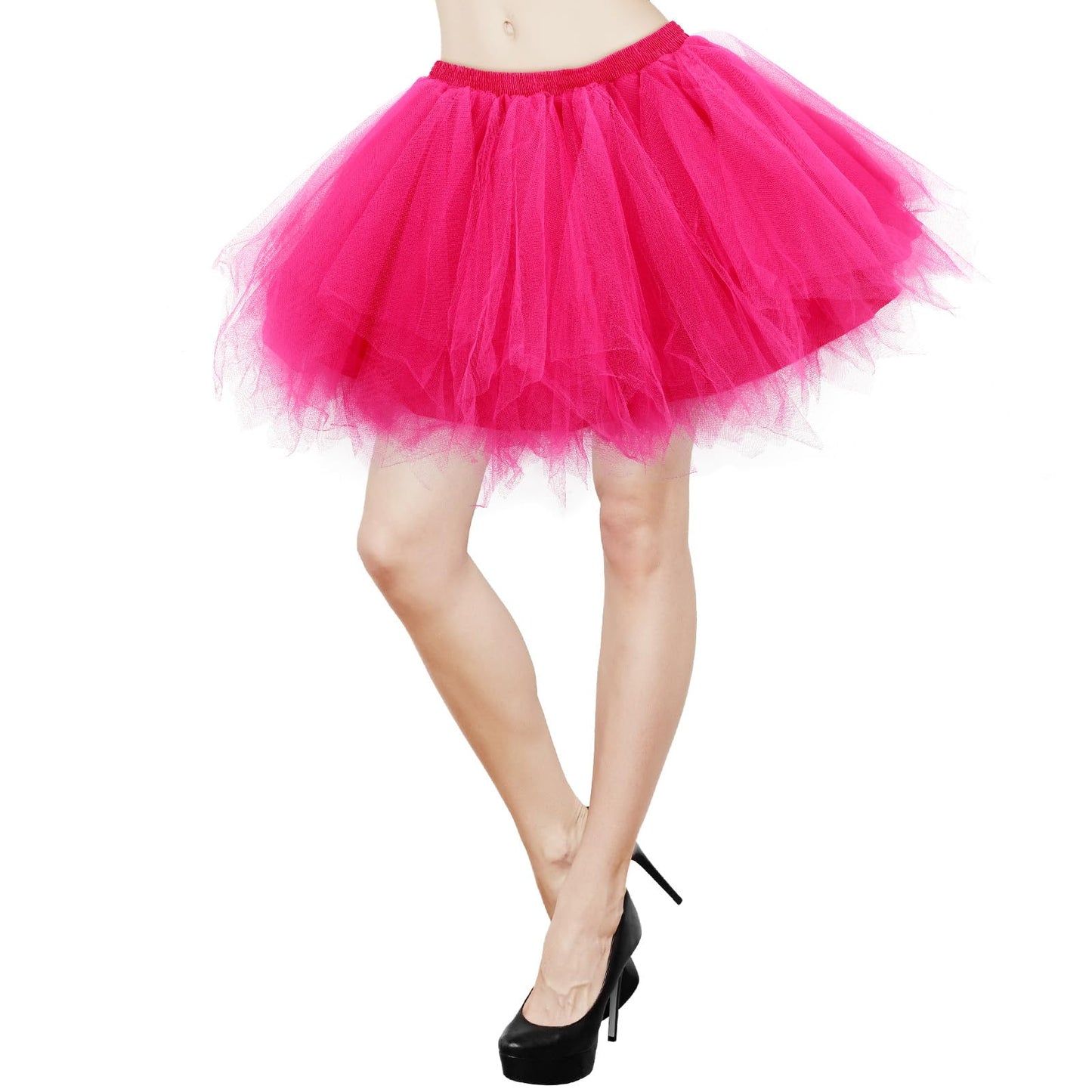 Tutu Skirts for Women with Lined 80s Fancy Dress for Women Adults Short Classic Elastic Tulle Skirt Multi-Layer Tutu for Cosplay Dance Party Halloween Costume(Hot Pink)
