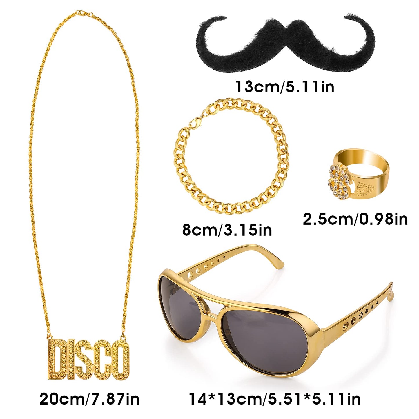 Yolev 80s 90s Costumes Outfits, Dollar Sign Necklace 90s Outfit for Men Fake Gold Chain 80s Accessories for Women Men Party Accessories Hippie Costume Set Funky Afro Wig Sunglasses