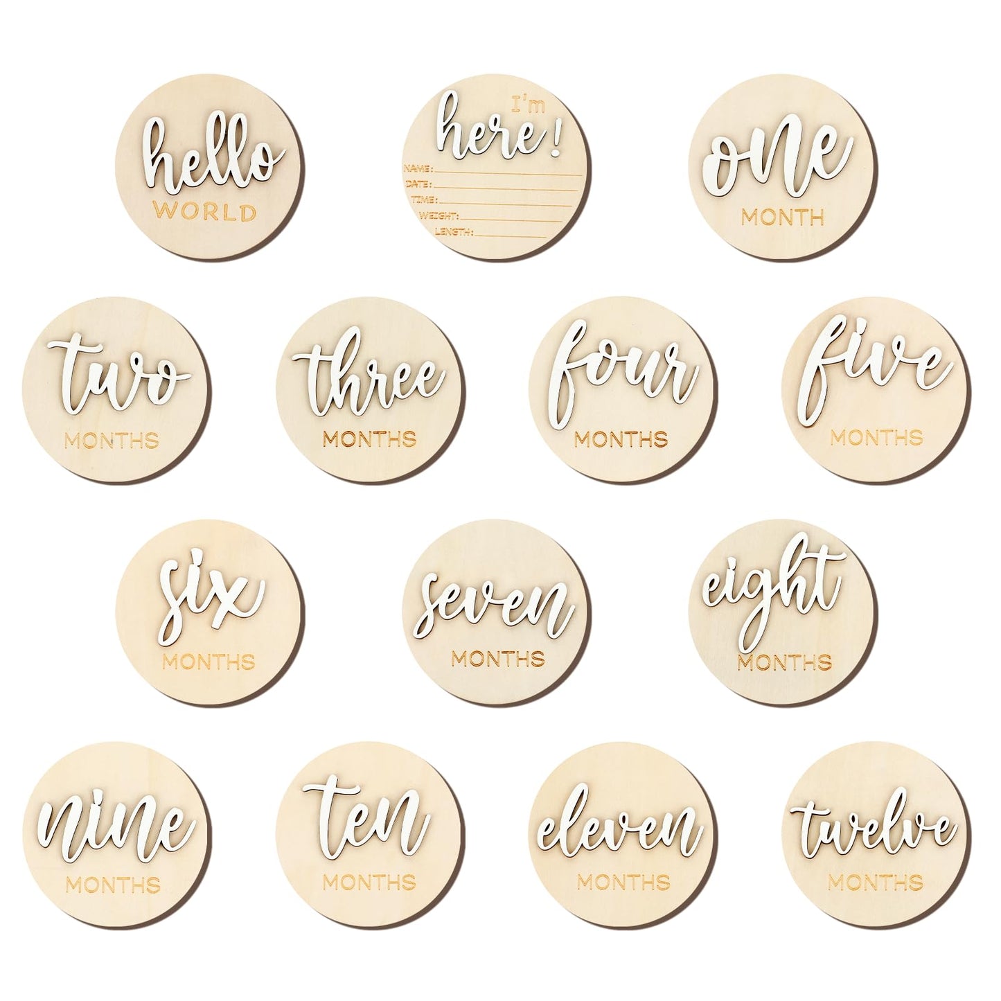 7Pack 3D Baby Months Signs Wooden Months Baby Milestone Double Sided Baby Monthly Milestone Cards 10cm Round Hello World Baby Milestone for New Parents Gift Set Newborn Infants 0-12 Months Growth Reco