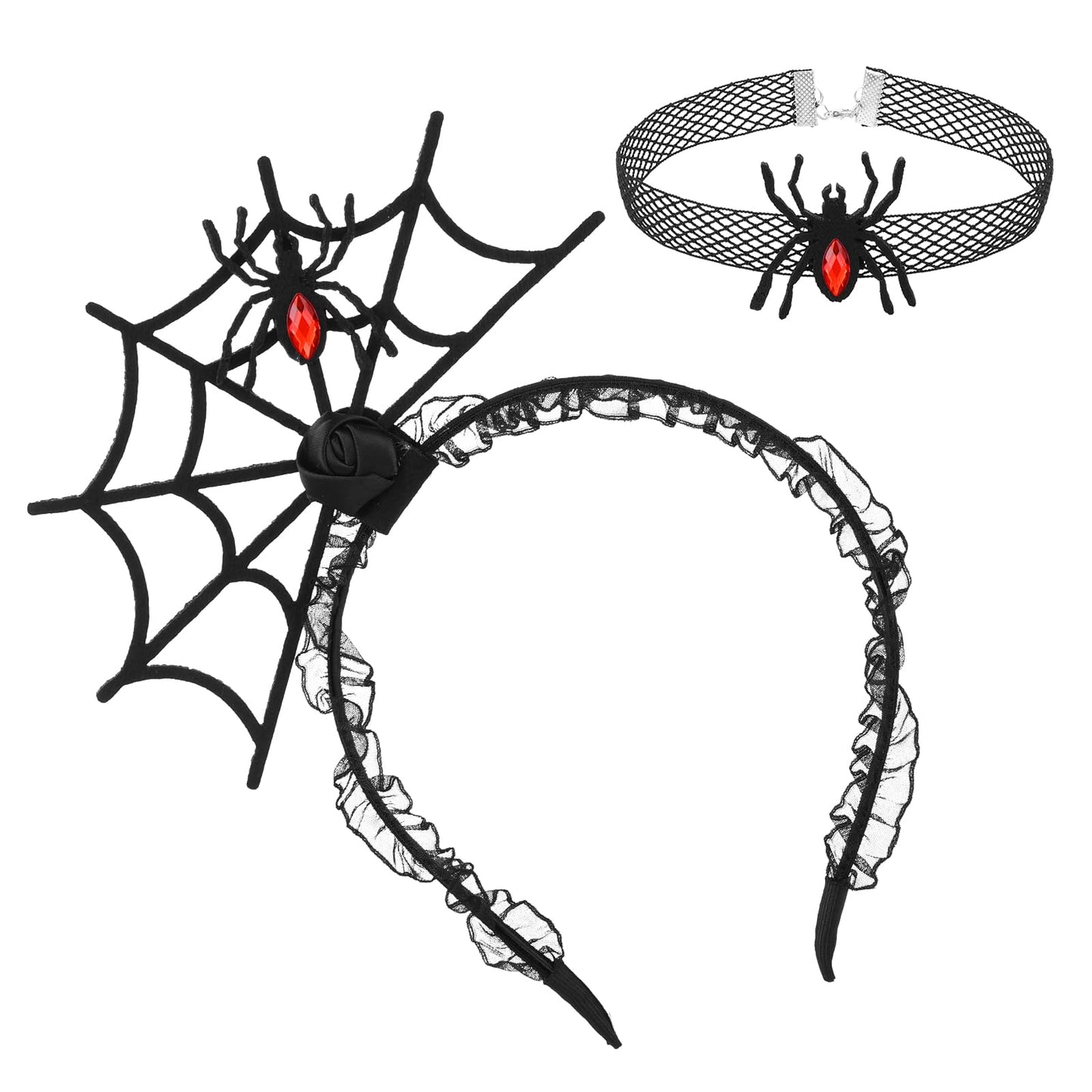 Lusofie Halloween Spider Headband with Spider Choker for Cosplay Masquerade Party Red Rose Halloween Headband Spiders Hair Hoop for Women Masquerade Costume Accessory