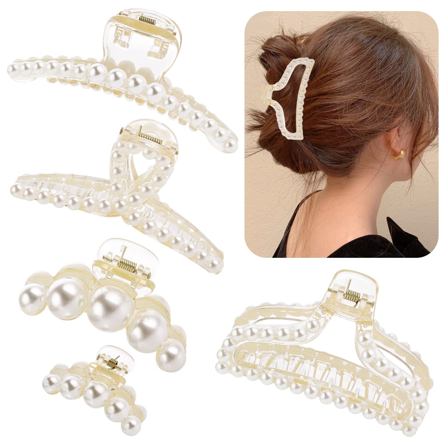 Lusofie 5 Pcs Pearl Claw Clips, Styling Hair Clips Strong Hold Hair Jaw Clips Large Pearl Hair Clips for Thick Hair Accessories for Women and Girls