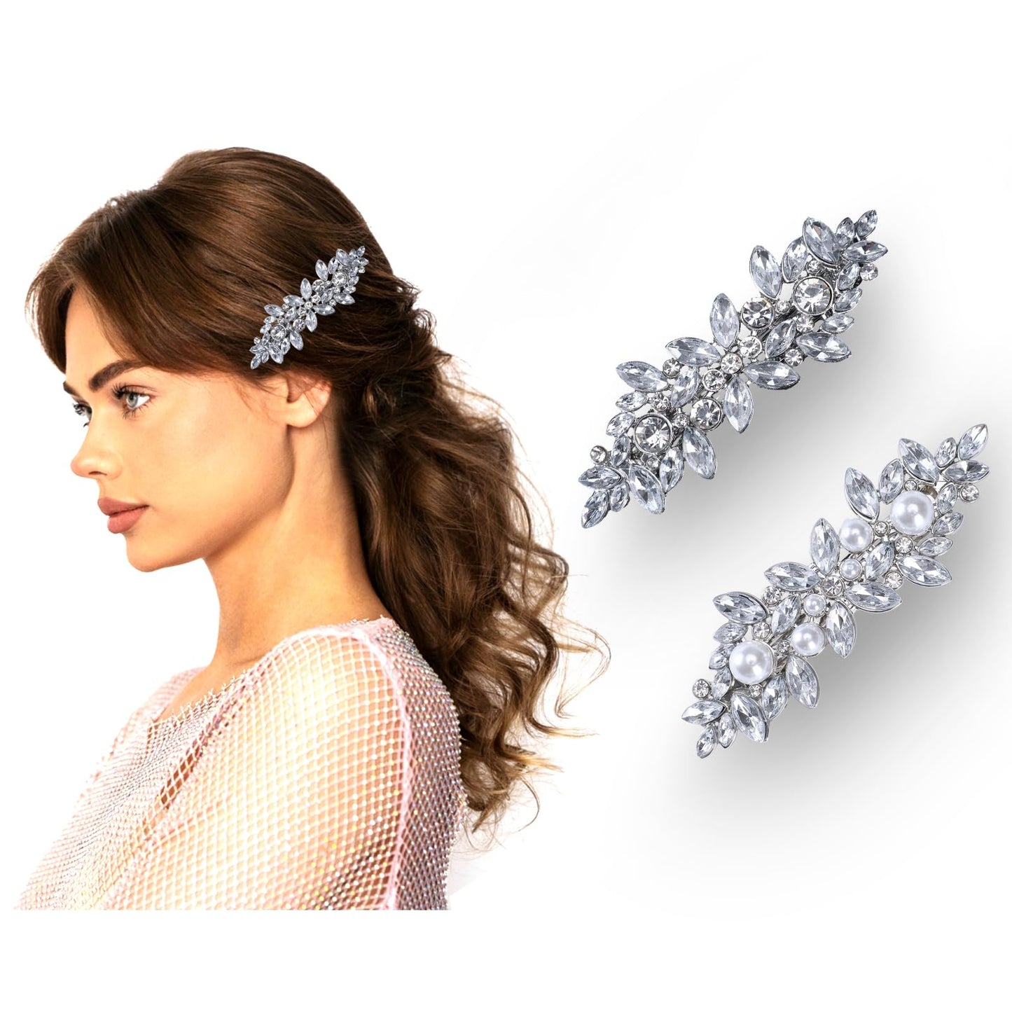Lusofie 2Pcs Rhinestone Hair Clips Bridal Hair Clip Crystal Pearl Flower Hair Barrettes Fancy Hair Clips Wedding Accessories Hair Barrettes for Women Girls Bridal