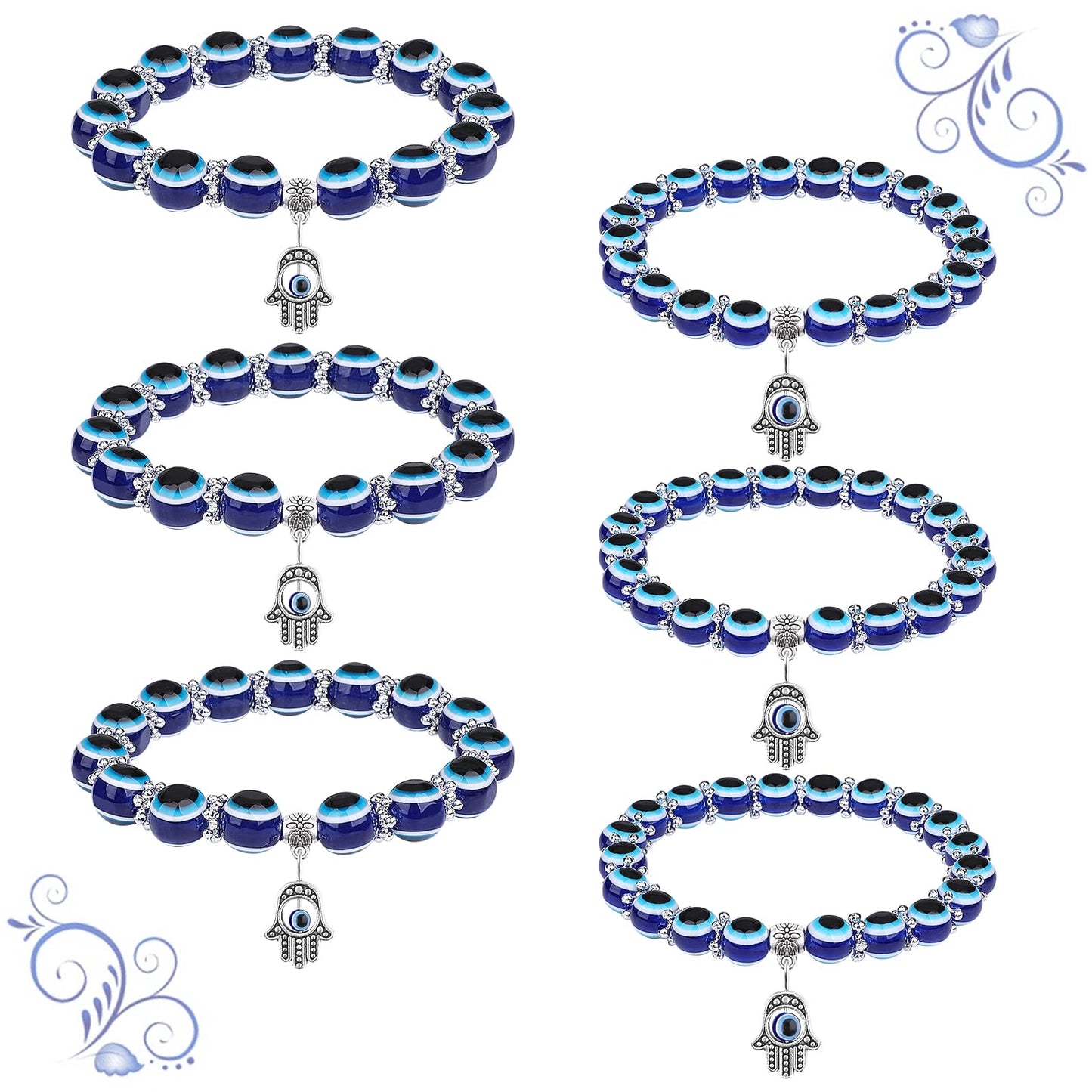 Lusofie 6 Pieces Evil Eye Bracelet Hamsa Blue Beaded Charm Stretch Bracelet Third Eye Jewelry Blue Eye Bead Bracelet for Protection and Blessing 8MM 10MM
