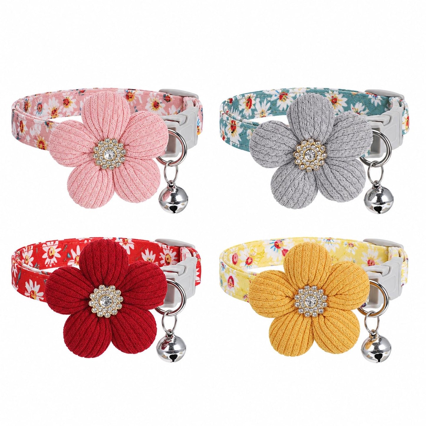 4 Pack Cat Collar with Bells Flower Pendants, Adjustable Safety Spring