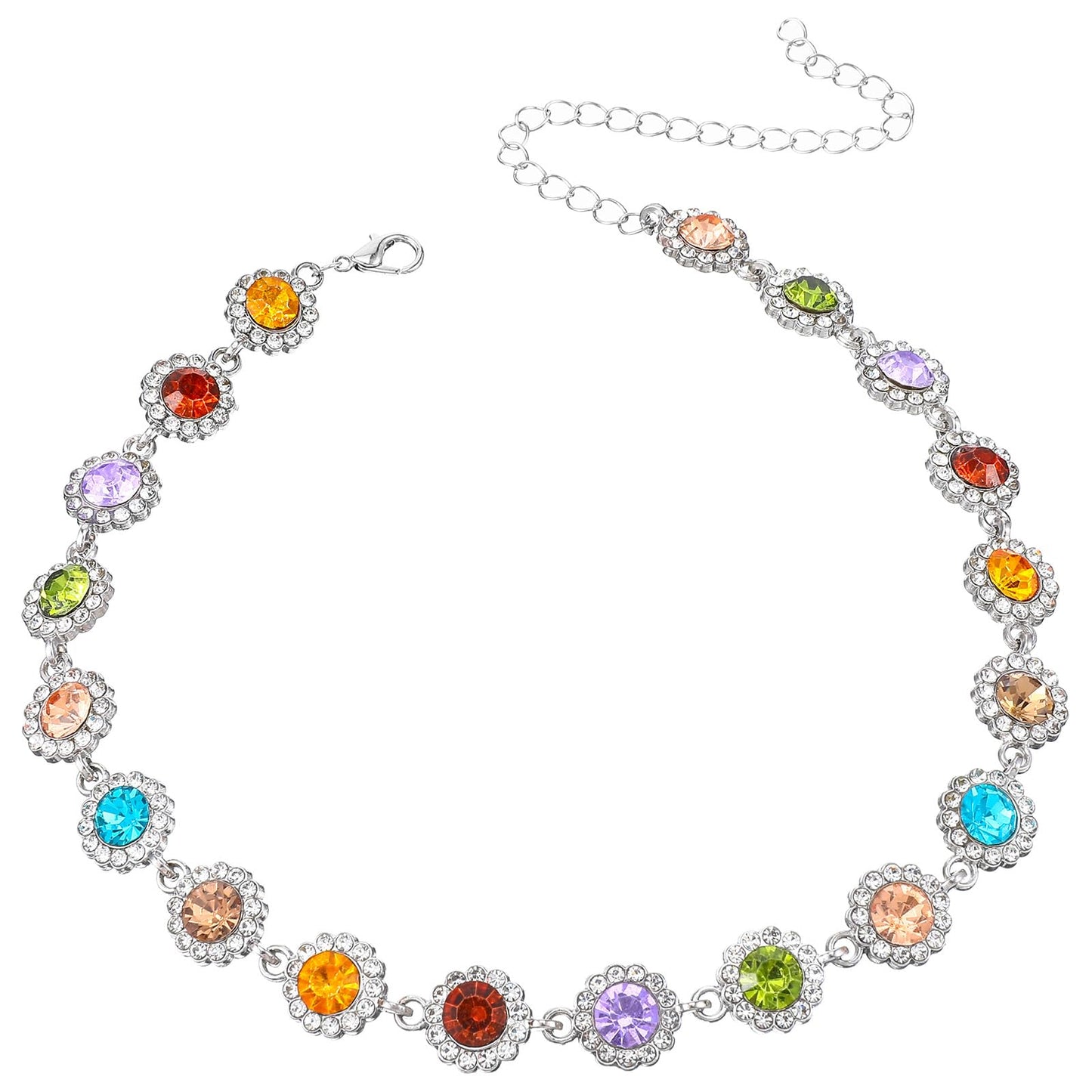 Fiyooau Crystal Colorful Necklace for Women Sparkly Beaded Rhinestone Choker Necklace Trendy Gemstone Necklaces Jewelry for Party Prom