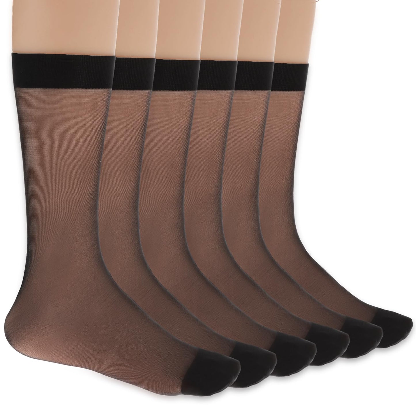 Women's Sheer Nylon Ankle Socks 6 Pack-Nude Crew Stocking Ultra Thin See Through Calf High Socks for Women(Black)