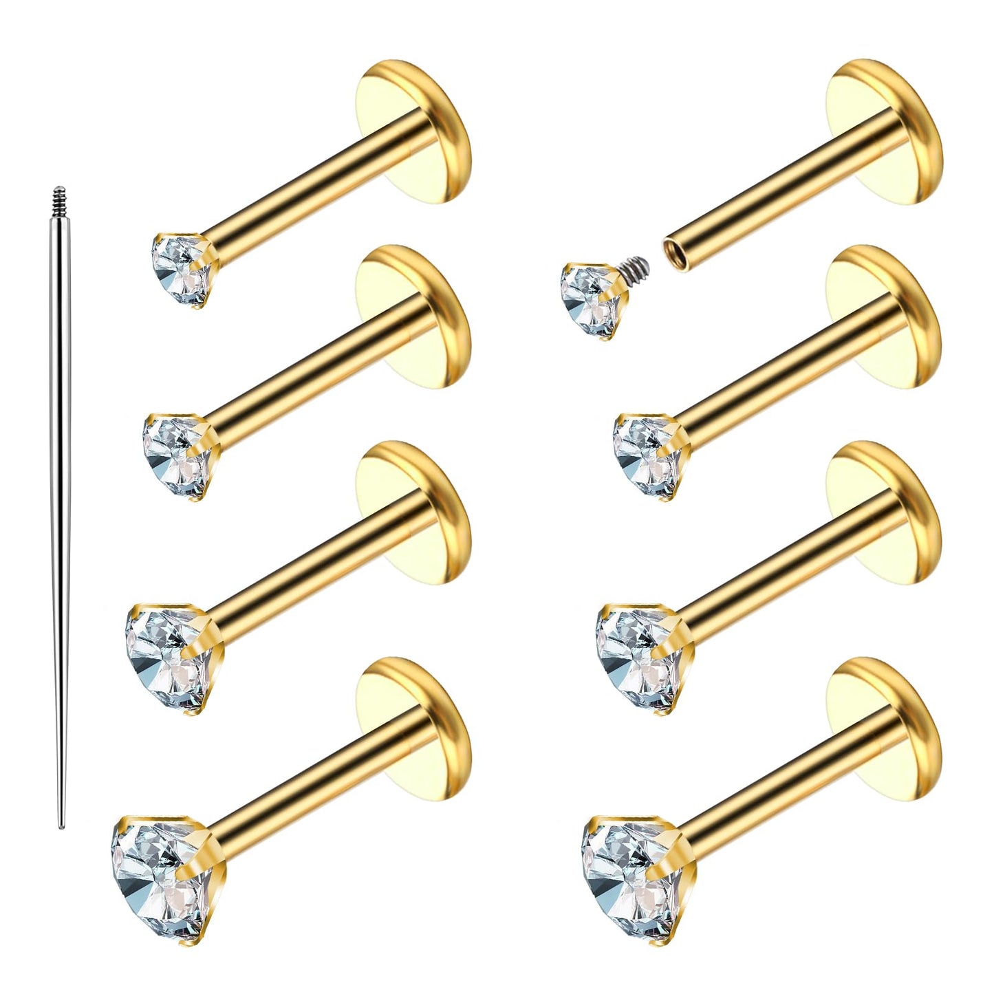 Telooco 18G Small Nose Studs 8Pcs Gold Nose Ring Stud Filled Threadless Earring Nose Ashely Piercing Lip Jewelry Surgical Steel Labret Stud Flat Back Nose Stud for Women Men