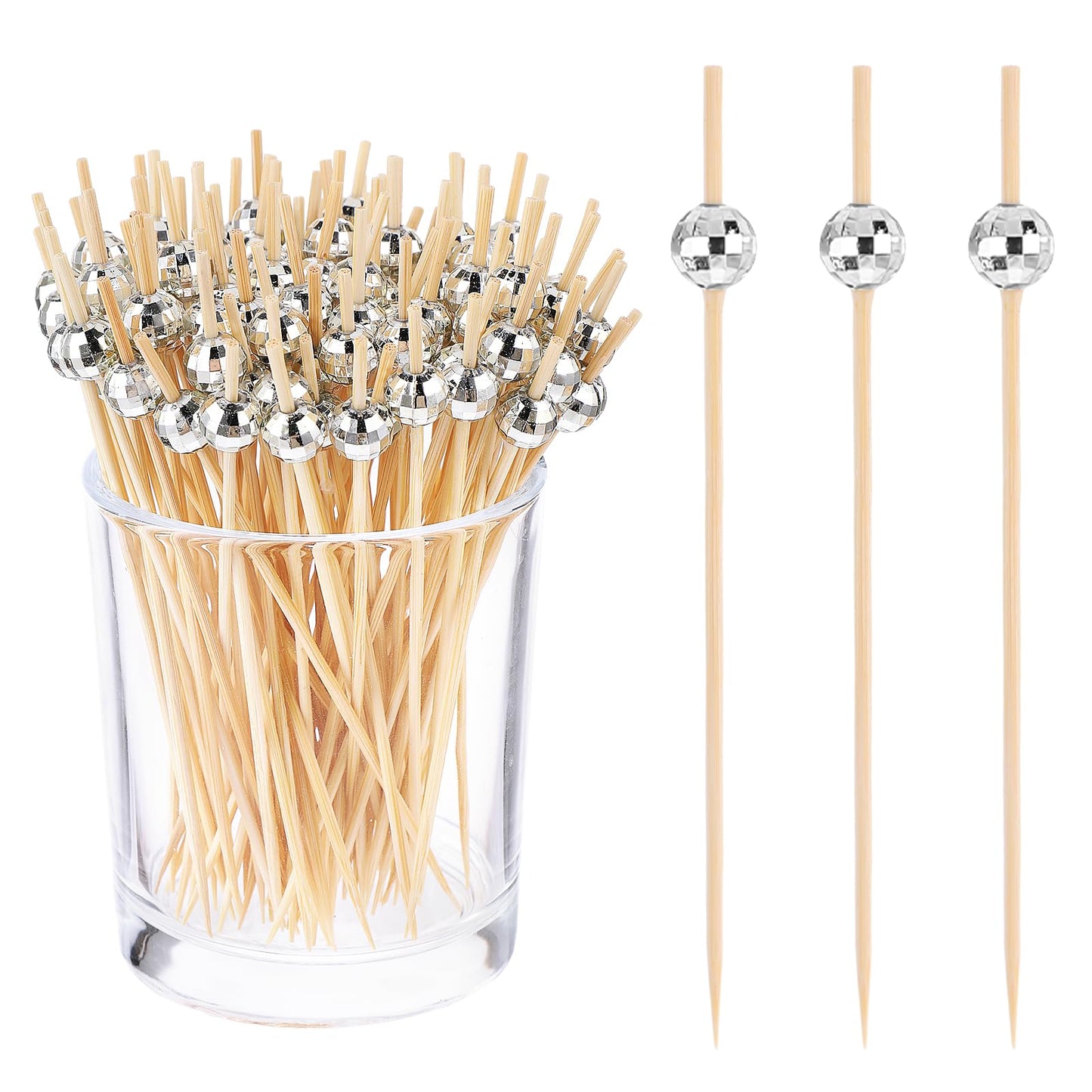 Yolev 200pcs Cocktail Picks Toothpicks for Appetizers Bamboo Golden Pearl for Appetizers, Wooden Long Cocktail Picks Disco Theme for Party Supplies (silver)