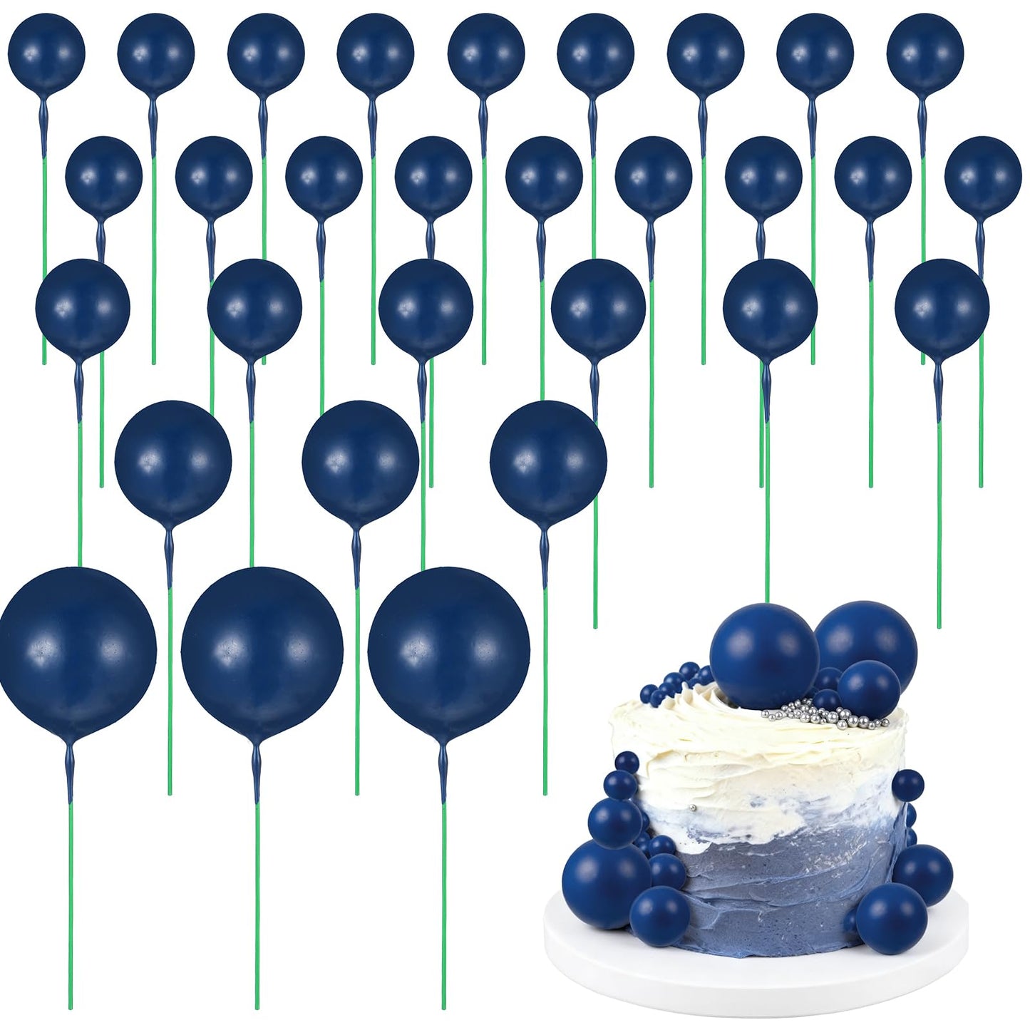 30Pcs Navy Blue Cake Balls Decorations - Ball Cake Toppers For Wedding Baby Shower Birthday Party Foam Ball Shaped Cakes Picks