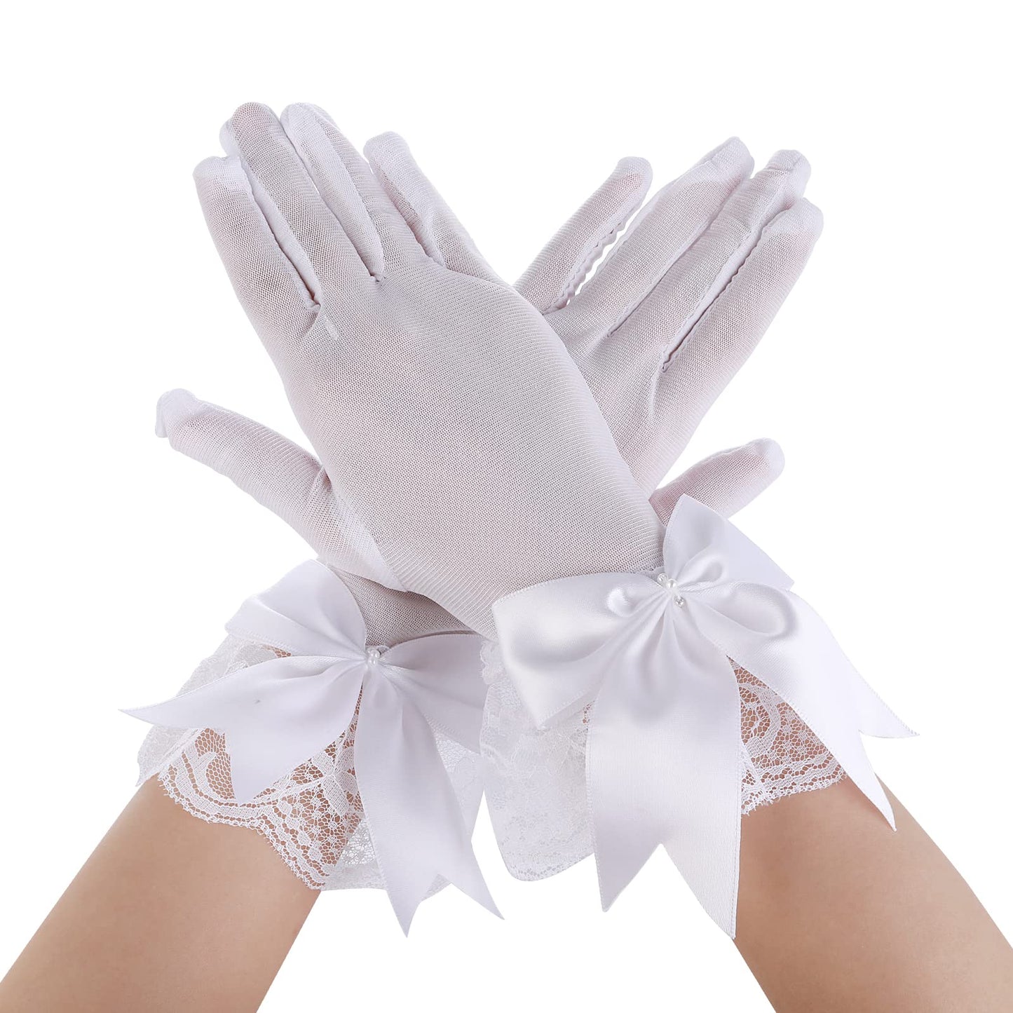Women's Lace Gloves with Bowknot Vintage Opera Wrist Gloves Stretchy Bridal Gloves for Fancy Dress Wedding Party Tea Party Prom Evening (White)