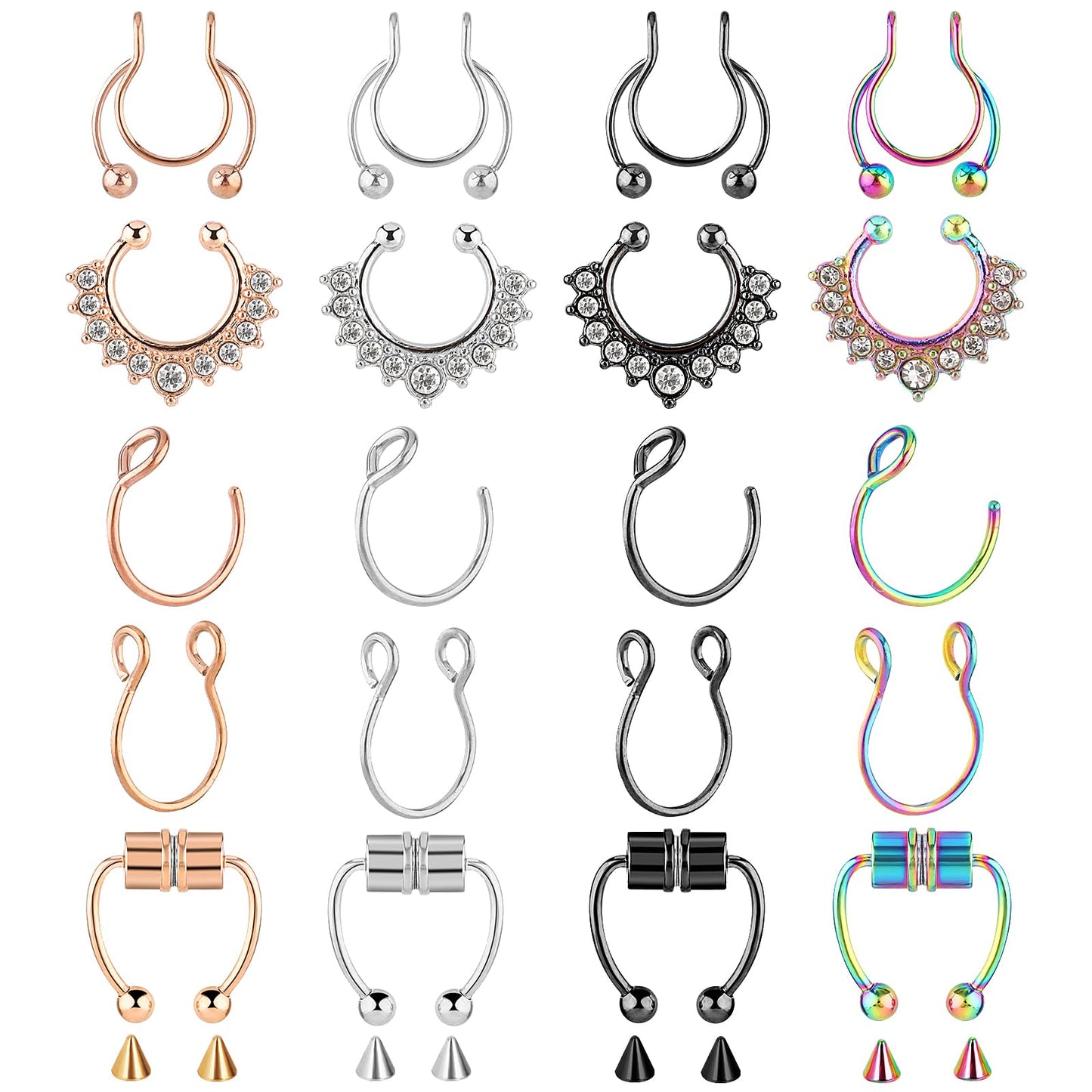 Yolev 20Pcs 16G Fake Nose Rings for Women Non Piercing Faux Nose Cuffs Horseshoes Nose Ring Silver Black Gold Septum Rings Septum Jewelry