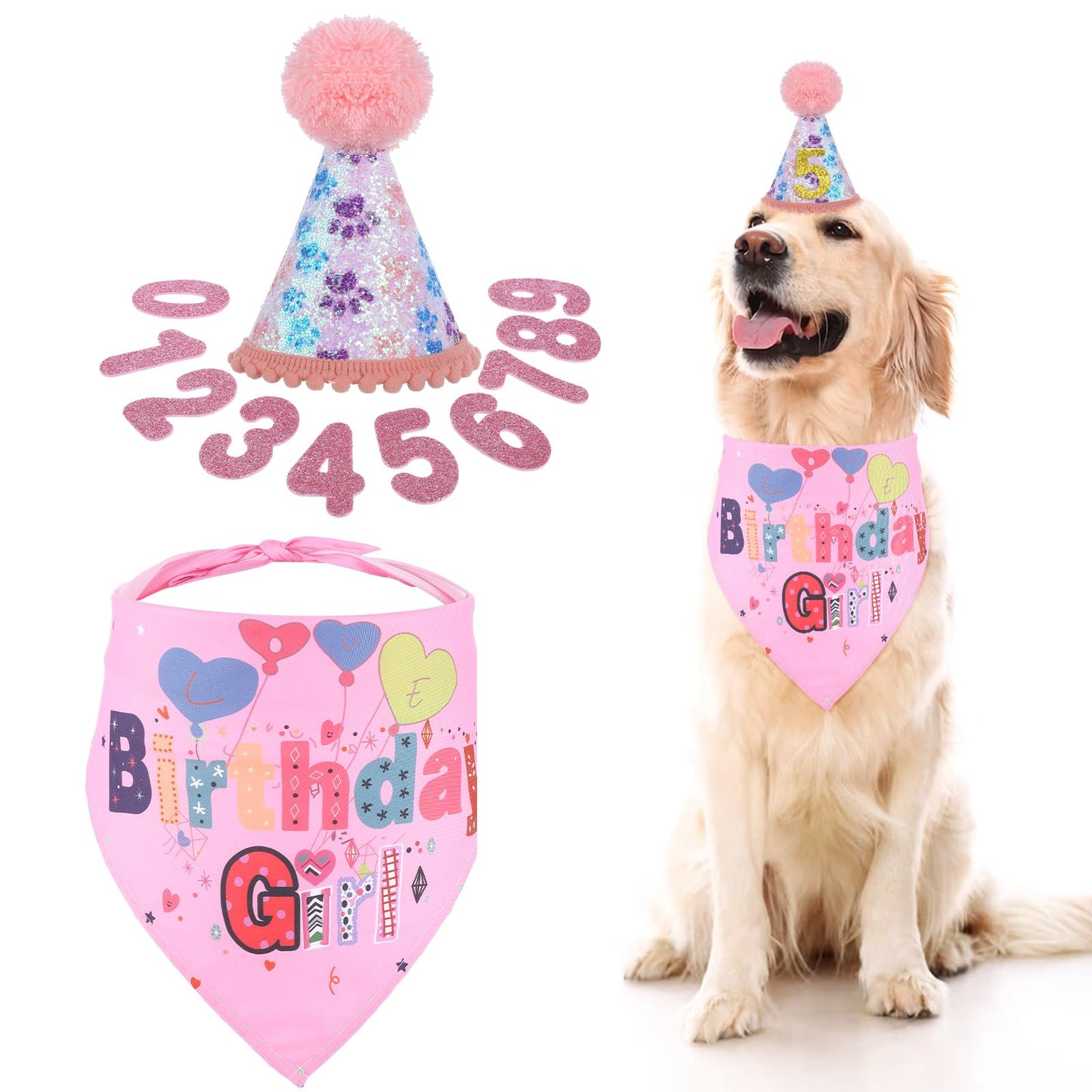 Pink Dog Birthday Bandana Girl,Dog Birthday Party Supplies with Dog Birthday Hat Dog Birthday Decorations Set with Numbers for Large Medium Small Dogs Pet Supplies