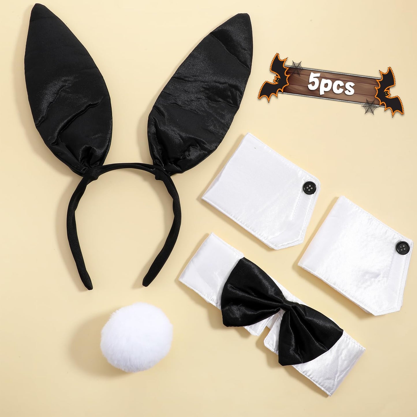 DIVINA VITAE Bunny Costume Set Rabbit Ears Headband Collar Bow Tie Costume Cuffs Rabbit Tail Accessories for Easter Halloween Cosplay Party (Black)