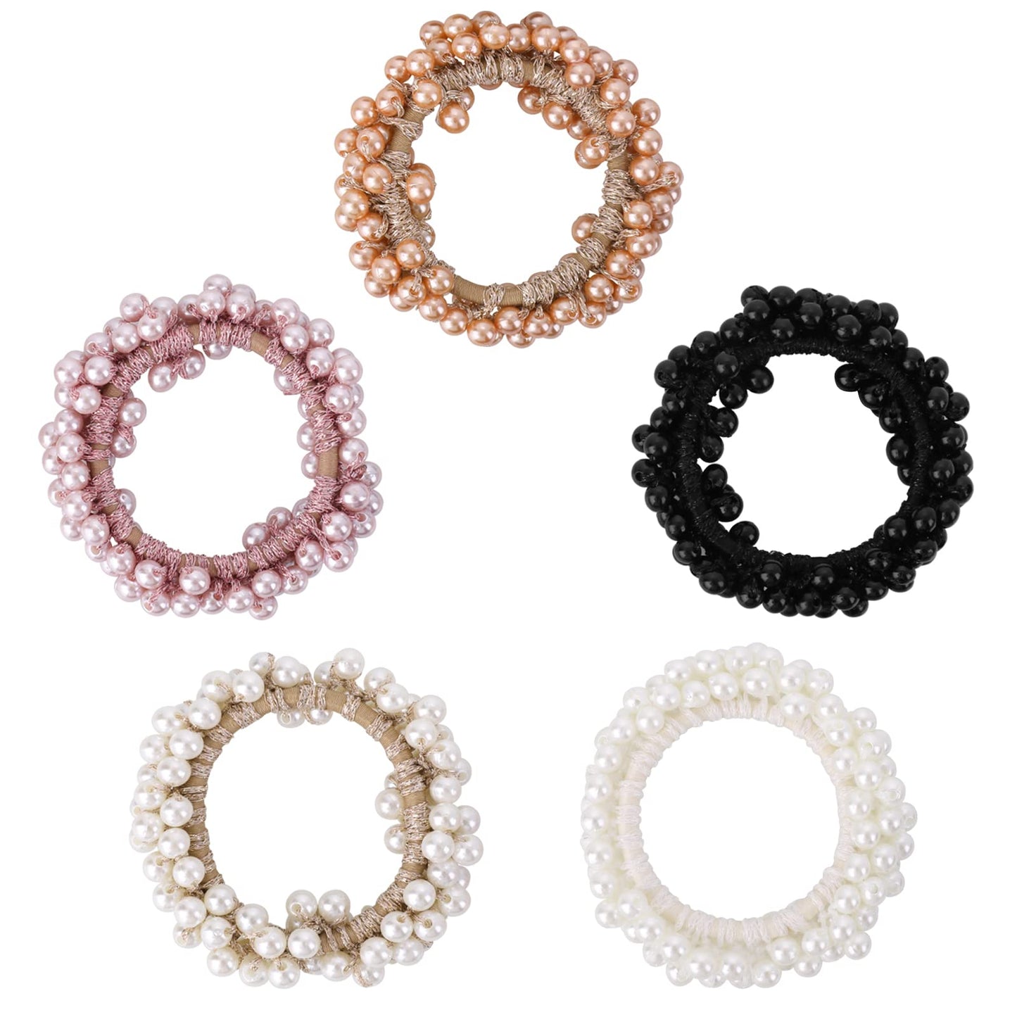 Lusofie 5Pack Pearl Hair Ties Elastic Weave Hair Scrunchies Stretch Bead Hair Rope Hair bands Ponytail Holder Hair Accessories for Women and Girls