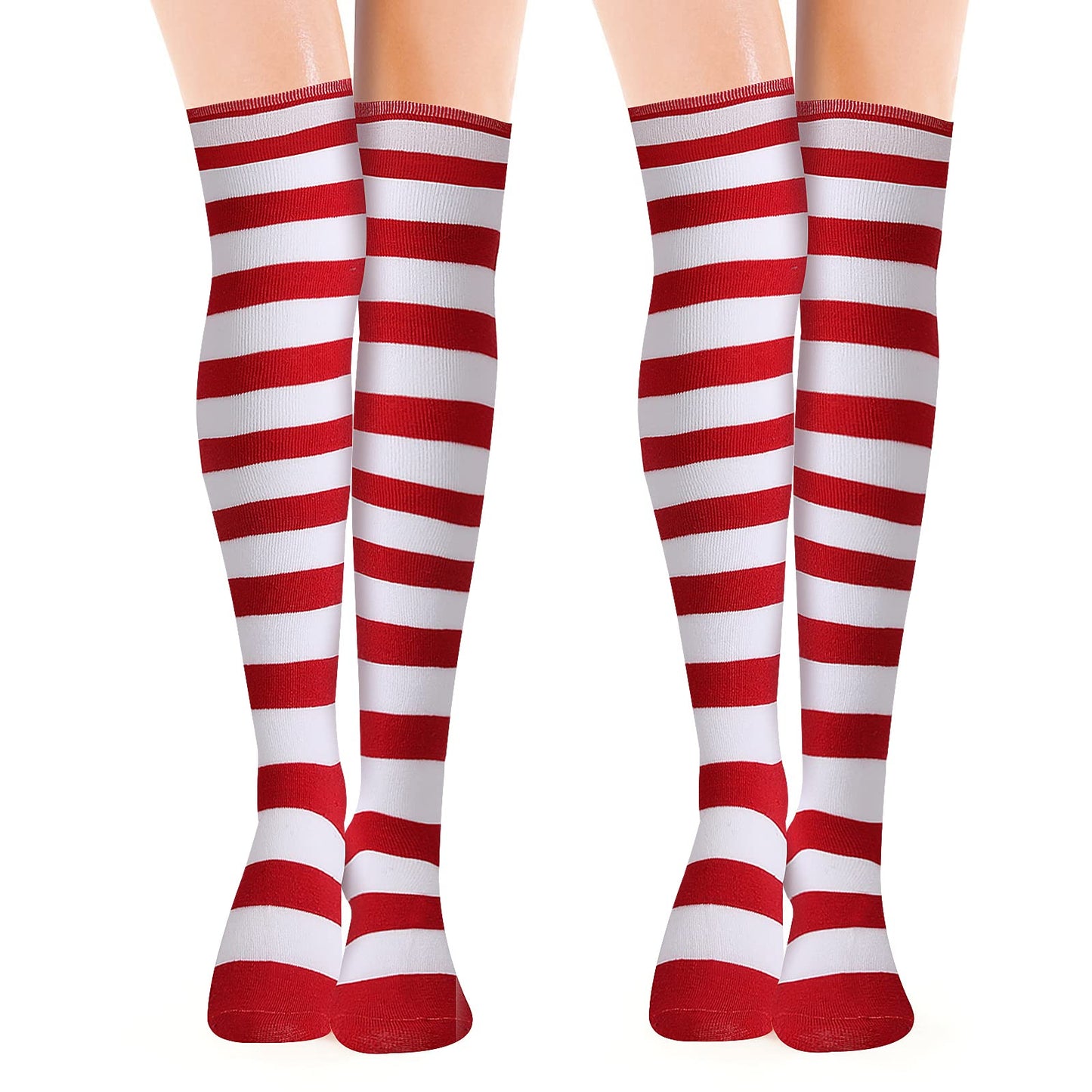 Lusofie 2 Pairs Striped Stockings Women Over Knee Thigh High Socks Long Striped Tights for Women Girls Ladies Costume Party Supplies(Red and White)
