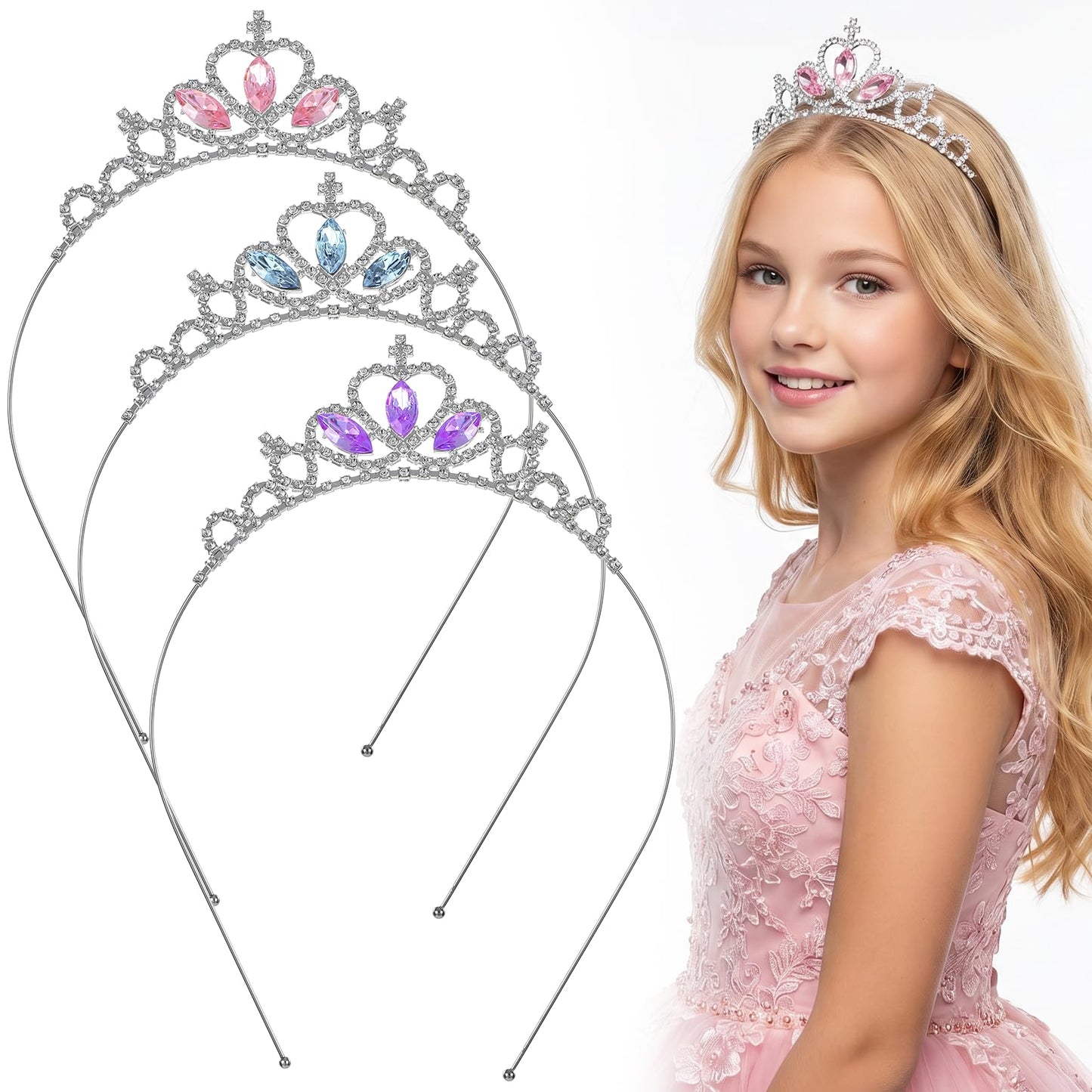 3PCS Rhinestone Tiara Headband, Crystal Non-Slip Crown Headband