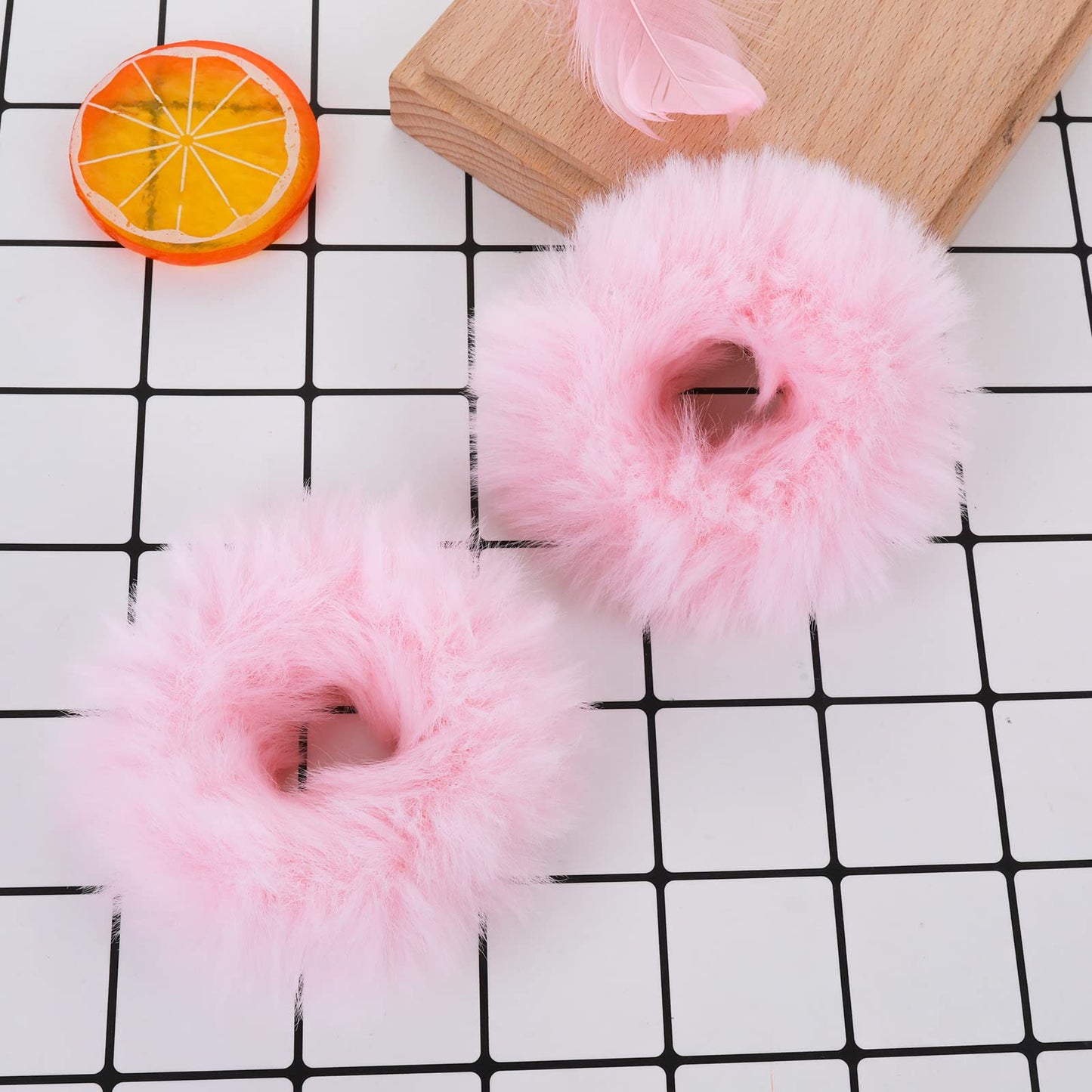 Lusofie 2Pcs Pink Fuzzy Hair Ties Shaggy Pom Pom Hair Scrunchies Artificial Rabbit Fur Hair Bobbles Hair Bands Pink Plushy Ponytail Holders for Girl Women