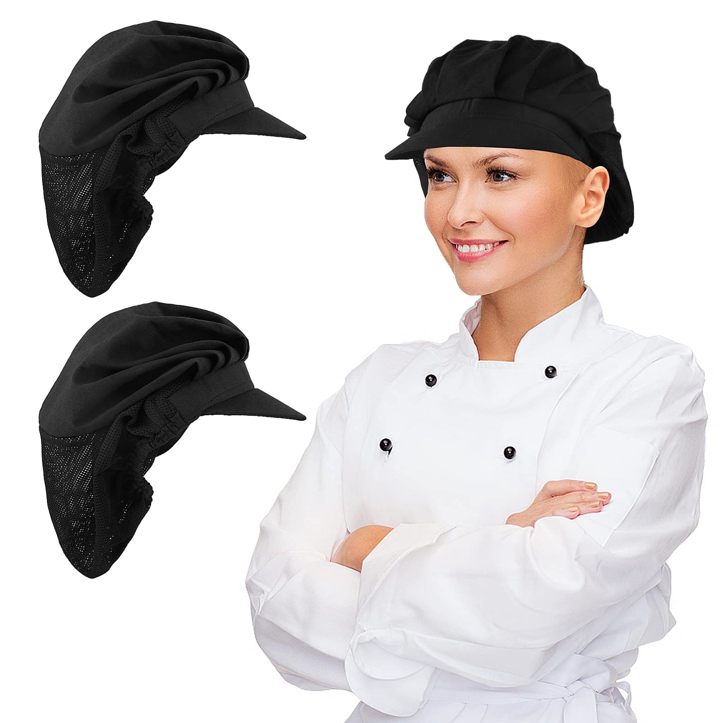 Lusofie 2Pcs Chef Hat Kitchen Baker Cooking Chef Cap Black Food Service Hairnets for Women Men with Brim