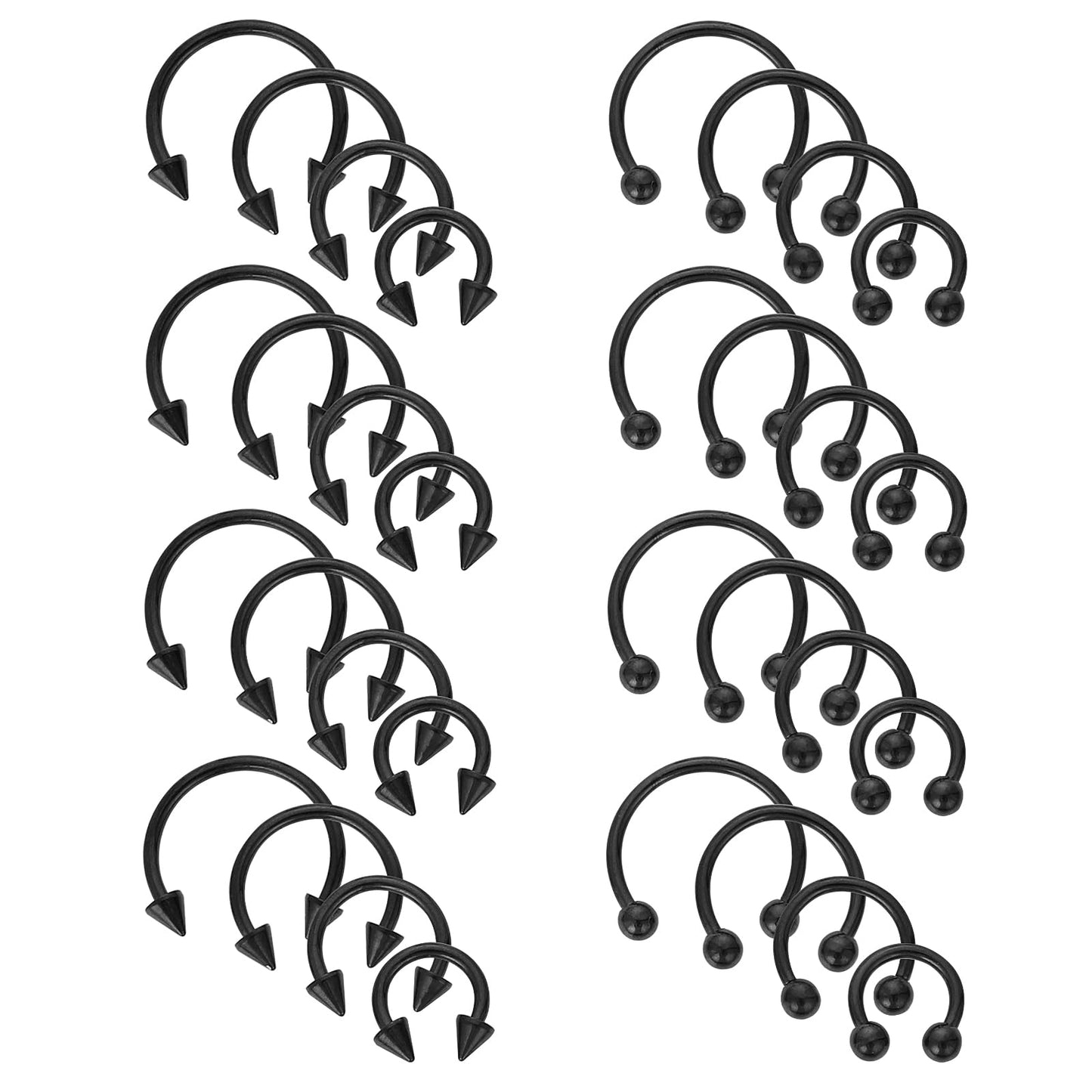 Yolev 32Pcs Horseshoe Rings Surgical Steel 16G Variety of Sizes Nose Septum Horseshoe Hoop Earring Eyebrow Earring Hoop Lip Horseshoe Piercing for Women Men, black