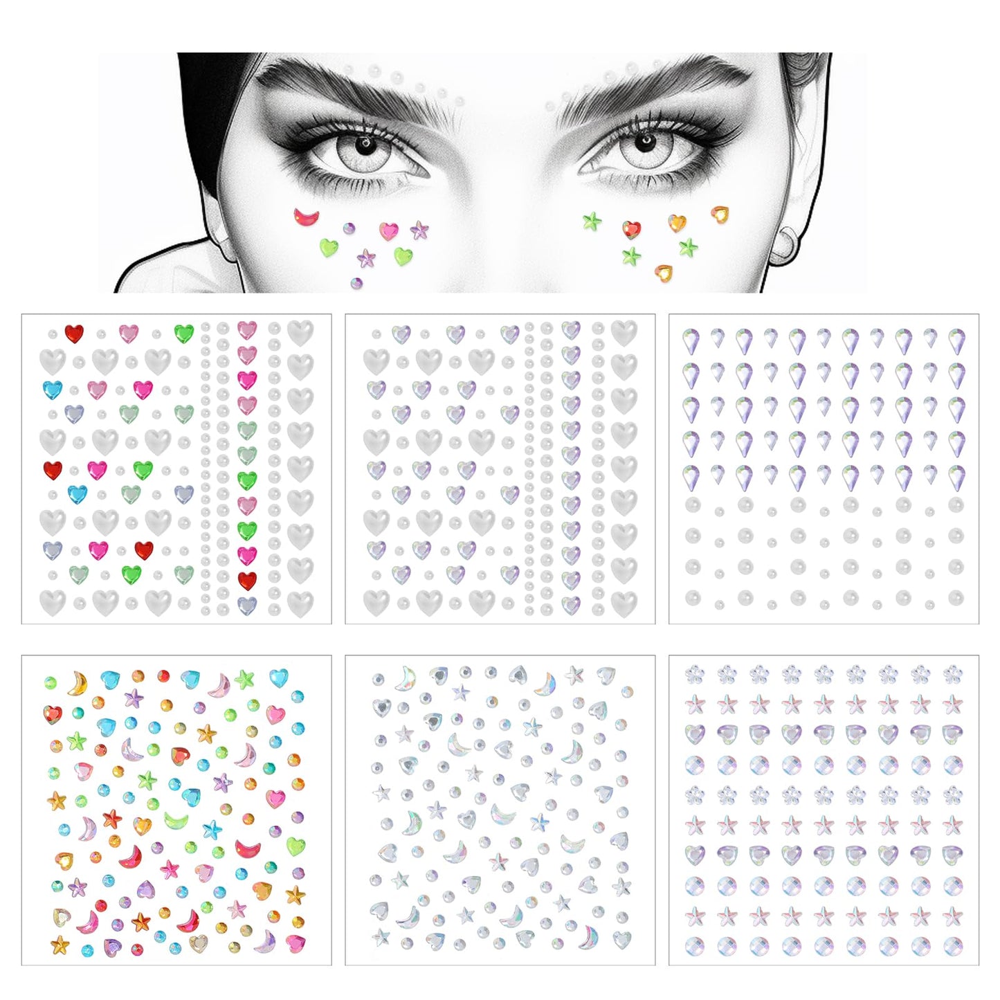 6Sheets Face Gems for Makeup, Self Adhesive Gem Stickers, Stick on Pearls Hair Gems, Pearl Rhinestones Stickers for Face, Hair, Eye, Makeup, Nail, Body, Crafts