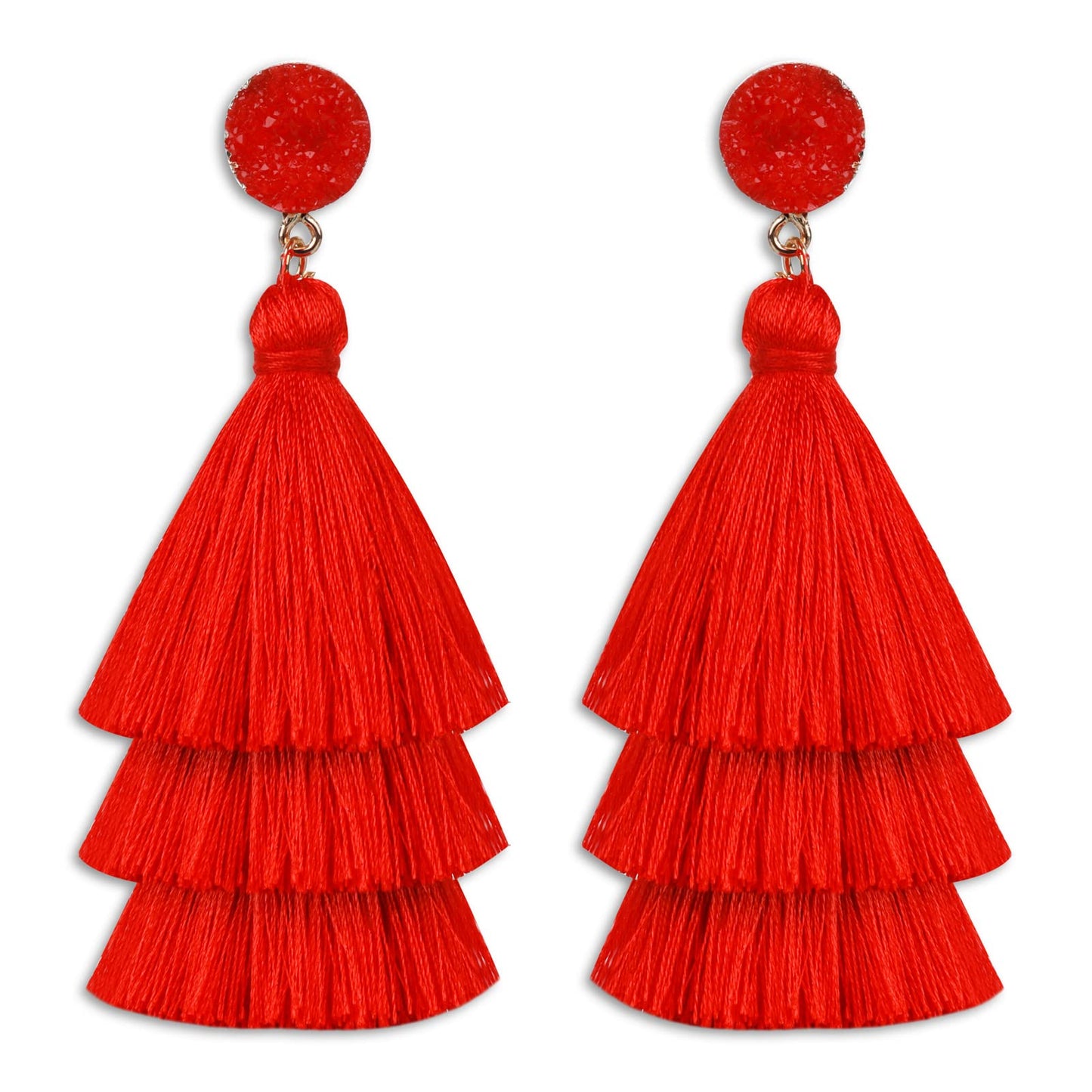 Layered Tassel Earrings Bohemian Tiered Tassel Thread Earrings Fringe Dangle Drop Earrings for Women Teen Girls (Red)