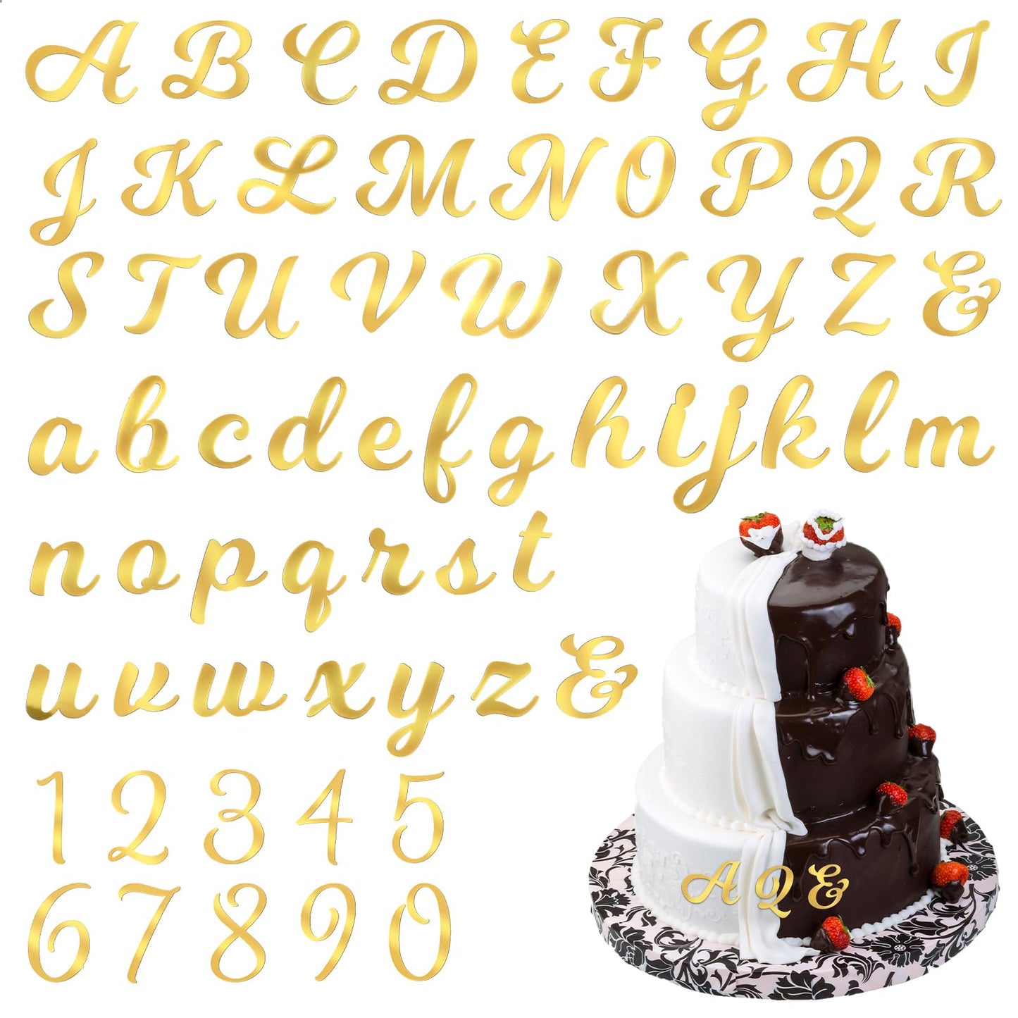 64 Pcs Gold Cake Decorations Acrylic Alphabet Numbers Cake Topper Mirror Number 0-9 and Alphabet A-Z Personalised Cake Topper Decor Anniversary Wedding Baby Shower Party Supplies