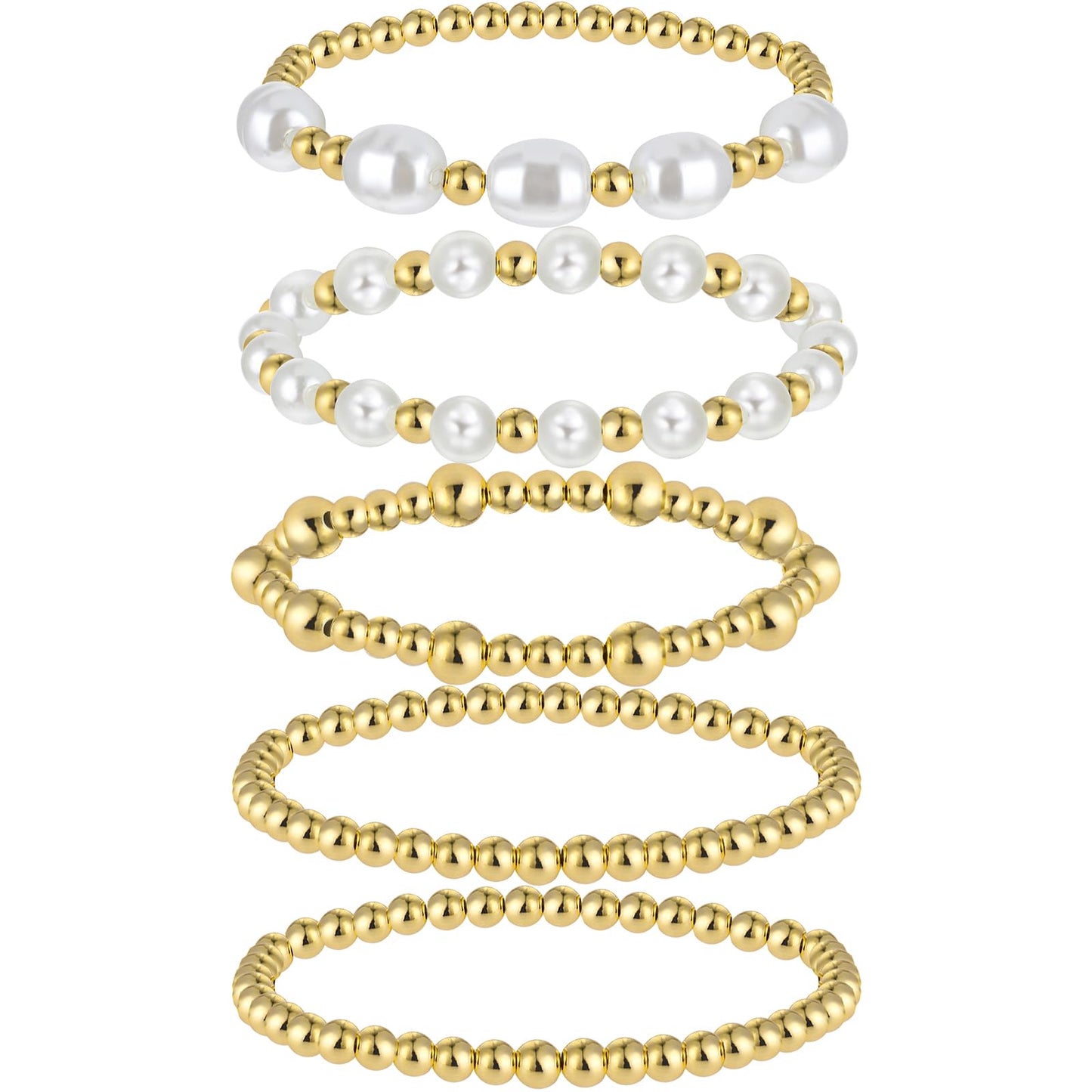 Yolev 5pcs Gold Beaded Bracelets for Women, Pearl Bracelet Set for Women Beaded Stretch Strand Bracelets for Gifts Stackable Stretch Bead Ball Bracelet Set Jewelry Gifts