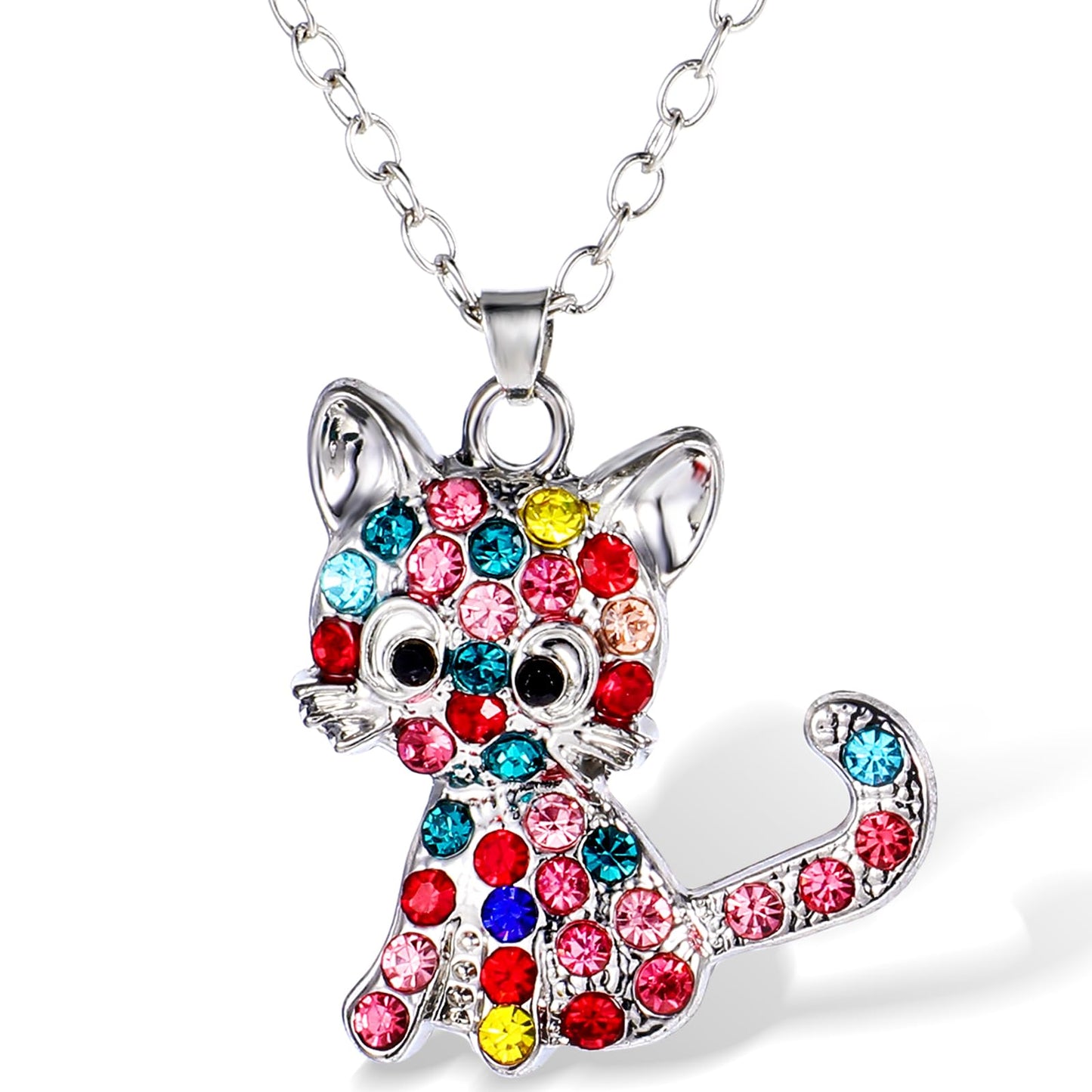 Lusofie Cute Cat Necklace, Kitty Pendant Necklace, Rainbow Rhinestone Necklaces Jewelry Gifts for Women