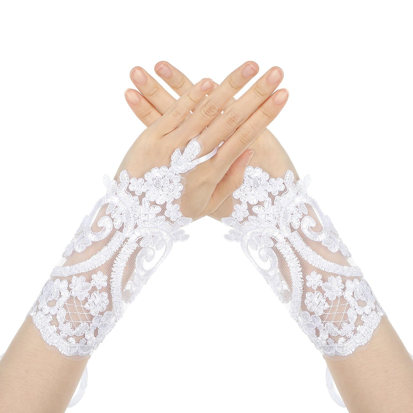 Lusofie Lace Gloves for Women Elegant Embroidered Lace Fingerless Gloves Soft Breathable Opera Gloves for Bridal Bouquet Prom Formal Dress Halloween Party(White)