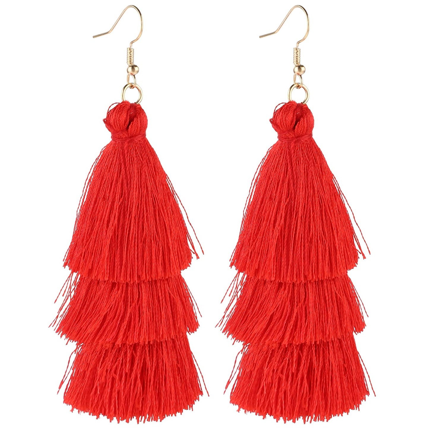 Layered Tassel Earrings for Women Bohemian Tassel Earrings Fringe Dangle Drop Earrings for Christmas Birthday Wedding Valentines Day Jewelry Gift (Red)