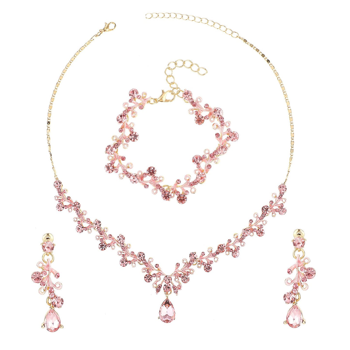 Yolev Rhinestone Wedding Jewelry Sets for Bridal Women's Crystal Necklace Bracelet Earrings Set Pink Gold Jewelry Set for Brides Bridemaid Prom Costume Accessories
