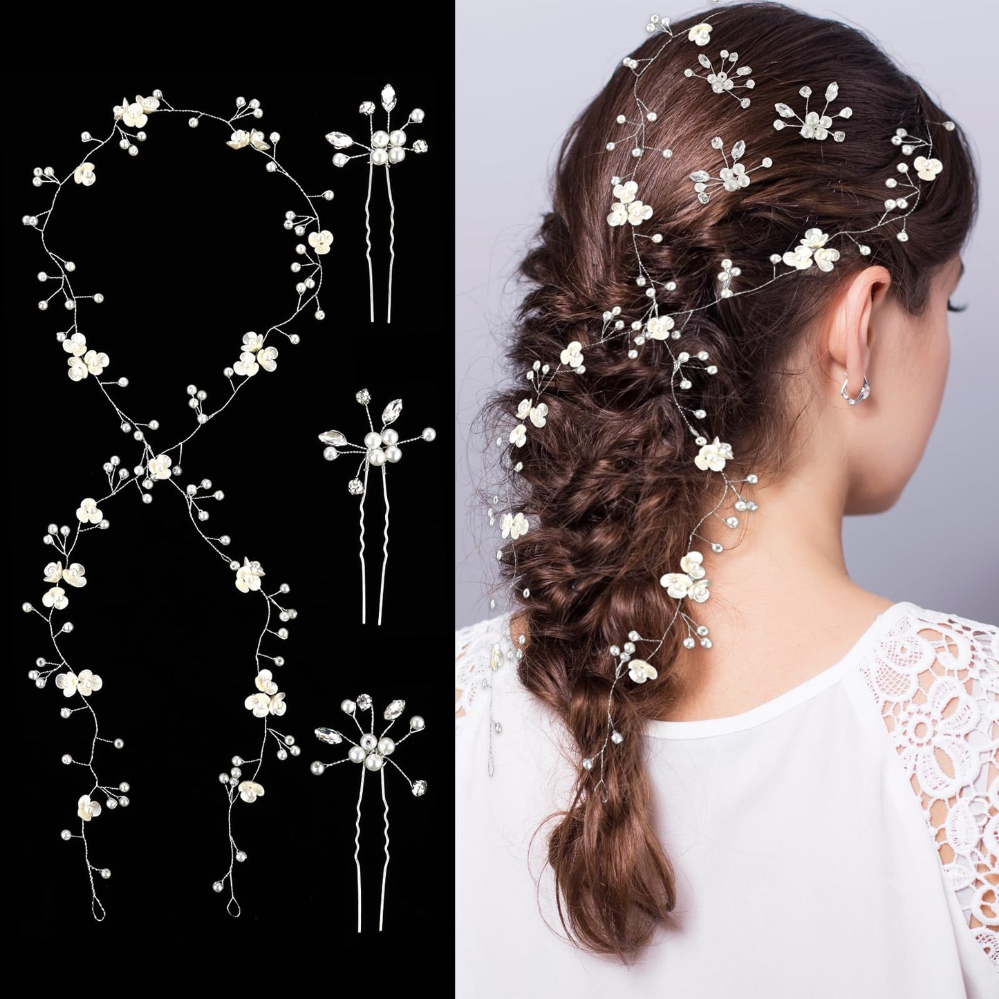 Bridal Hair Vine with 3Pcs Pearl Flower Hair Pins, Silver Bride Flower Headpiece Hairband for Women Girls Wedding Bridesmaids