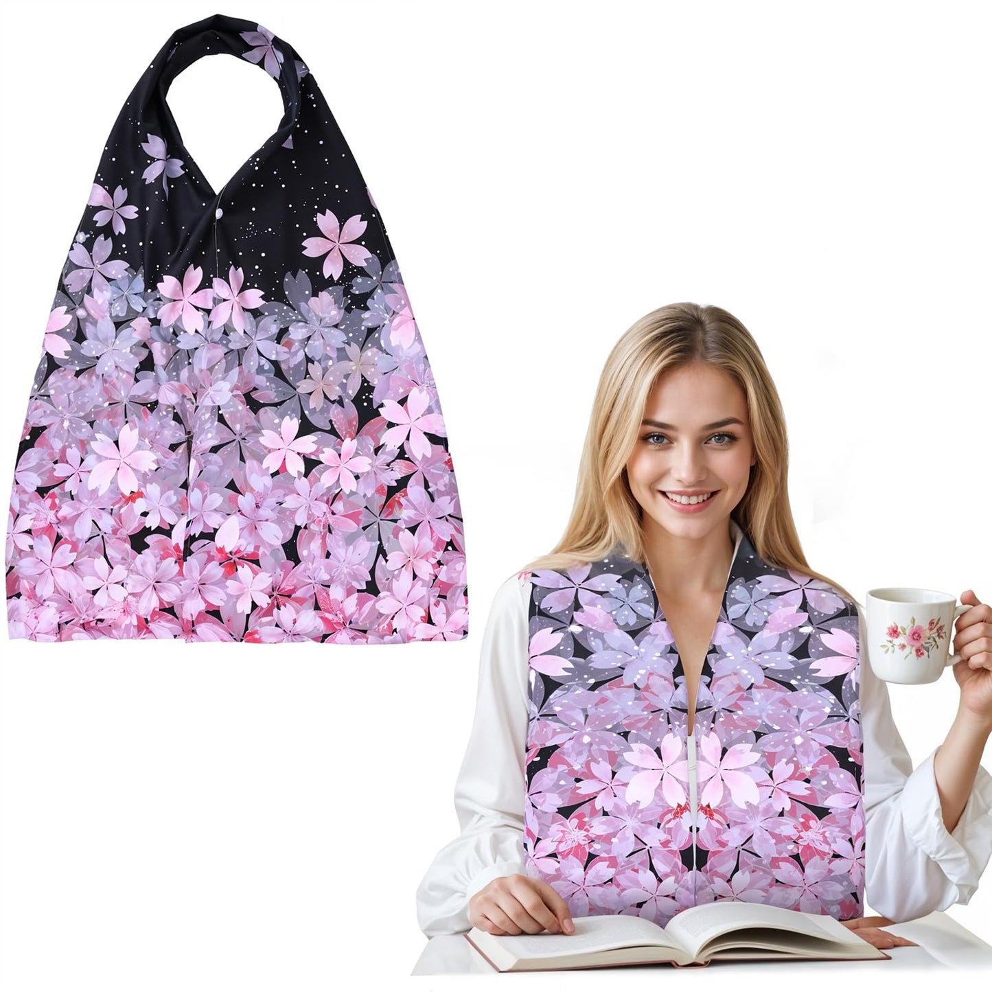 Waterproof Adult Bib Dining Scarf for Women with Buckle Polyester Women's Adult Bibs Reusable Cherry Blossoms Adult Bibs for Dining Mouth Towel Scarf Dining Clothing Protectors(66X14'')