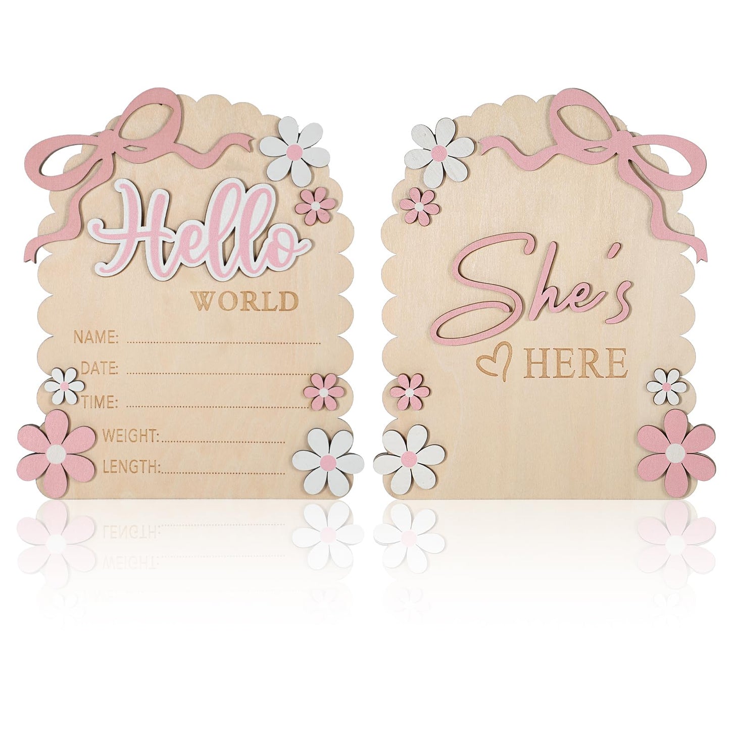 Baby Announcement Sign, Wooden Hello World Newborn Welcome Sign, She’s Here Card, Bow Birth Stats Signs Newborn Photo Prop, Monthly Milestone Wood Double-Sided