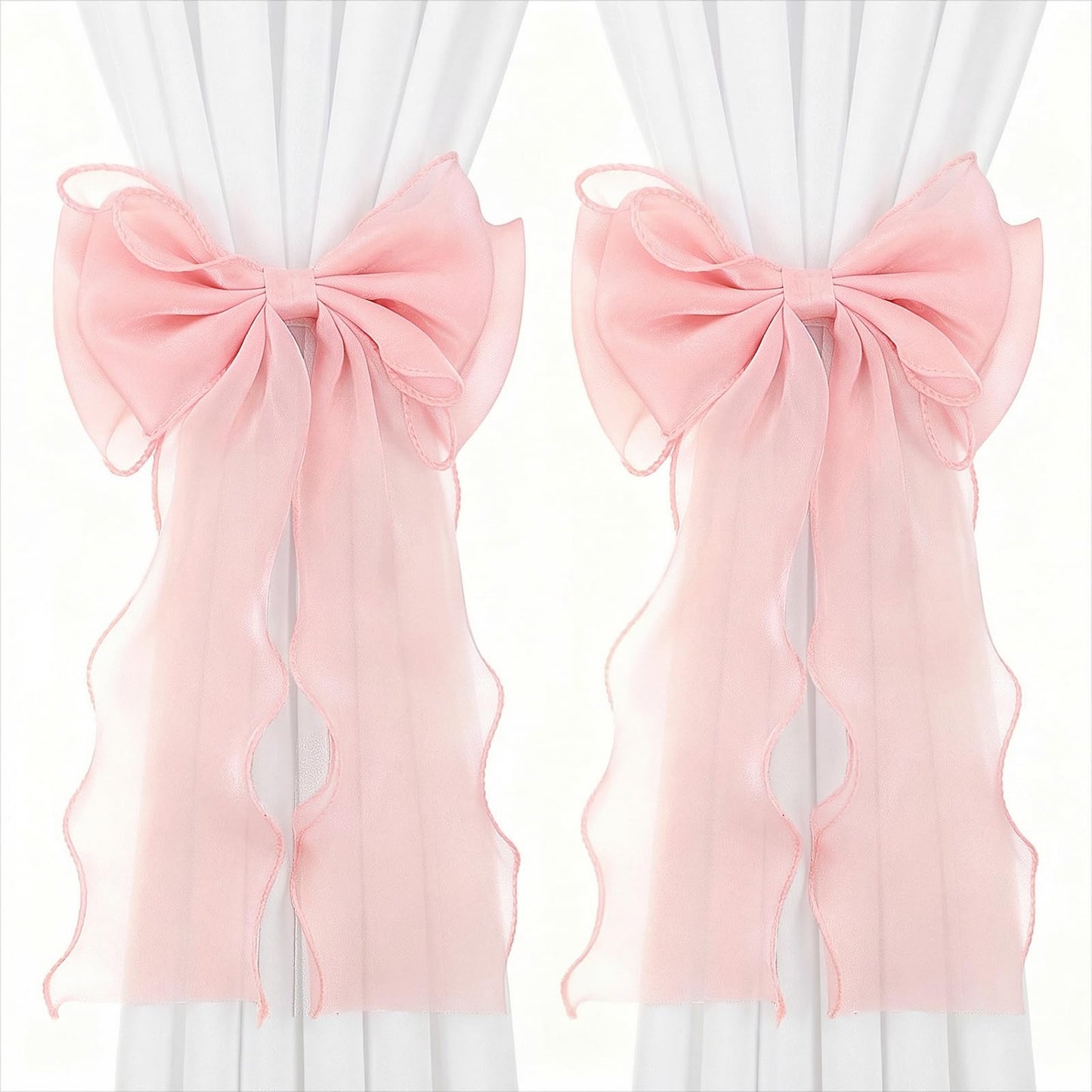 2 Pack Pink French Silky Bow Curtain Tiebacks - Elegant Lace Ribbon Decorative Rope for Sheer Drapes Home Décor