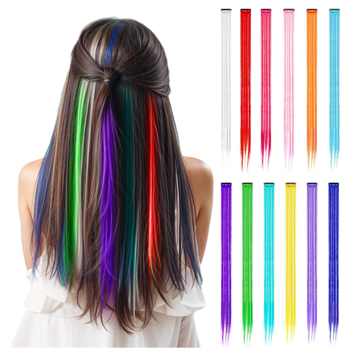 Colored Clip in Hair Extensions Rainbow Long Straight Hairpieces Clip, 20 * 1.4 Inches Clip-on straight hair extensions for Daily Use, Halloween Cosplay Advertising Shooting Theme Parties(12 Pcs)