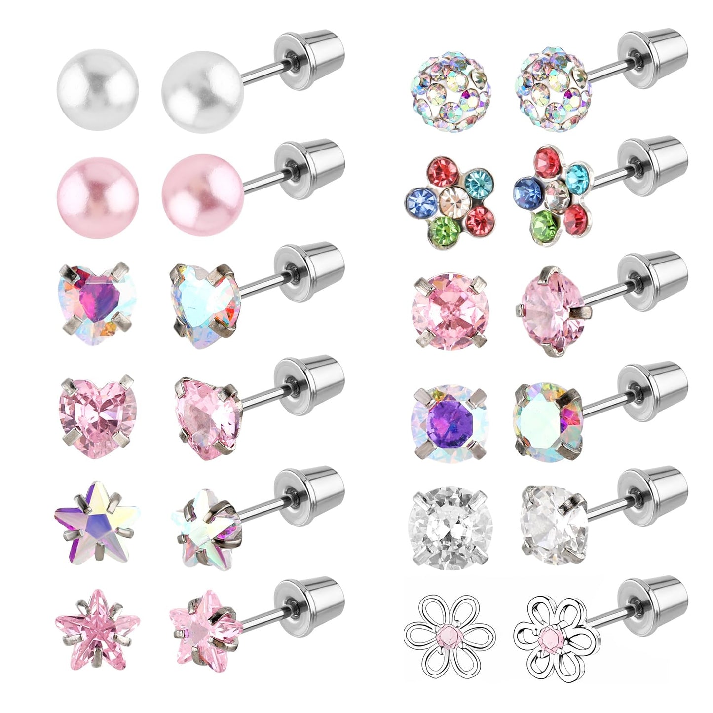 Lusofie 12Pairs Pink Screw Back Stud Earrings Flat Back Earrings Surgical Steel Heart Flower Ball CZ Pearl Stud Earrings Set for Women(Multicolored)