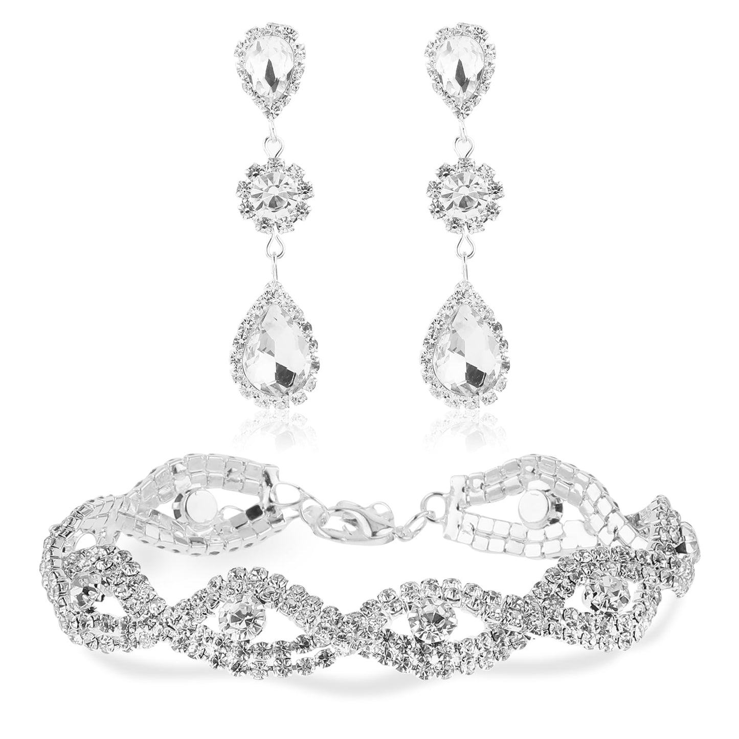 Rhinestone Bridal Jewelry Set Silver Crystal Bracelet Teardrop Dangle Earrings Set for Women for Wedding Prom Pageant