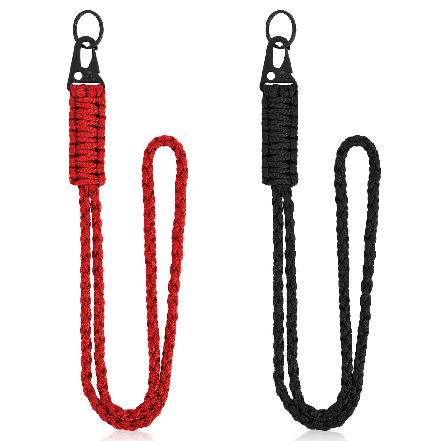 Lusofie 2Pcs Heavy Duty Paracord Lanyard Braided Neck Keychain Lanyard Paracord Neck Lanyard for Keys ID Badges Phone Camera Outdoor Survival(Black, Red)