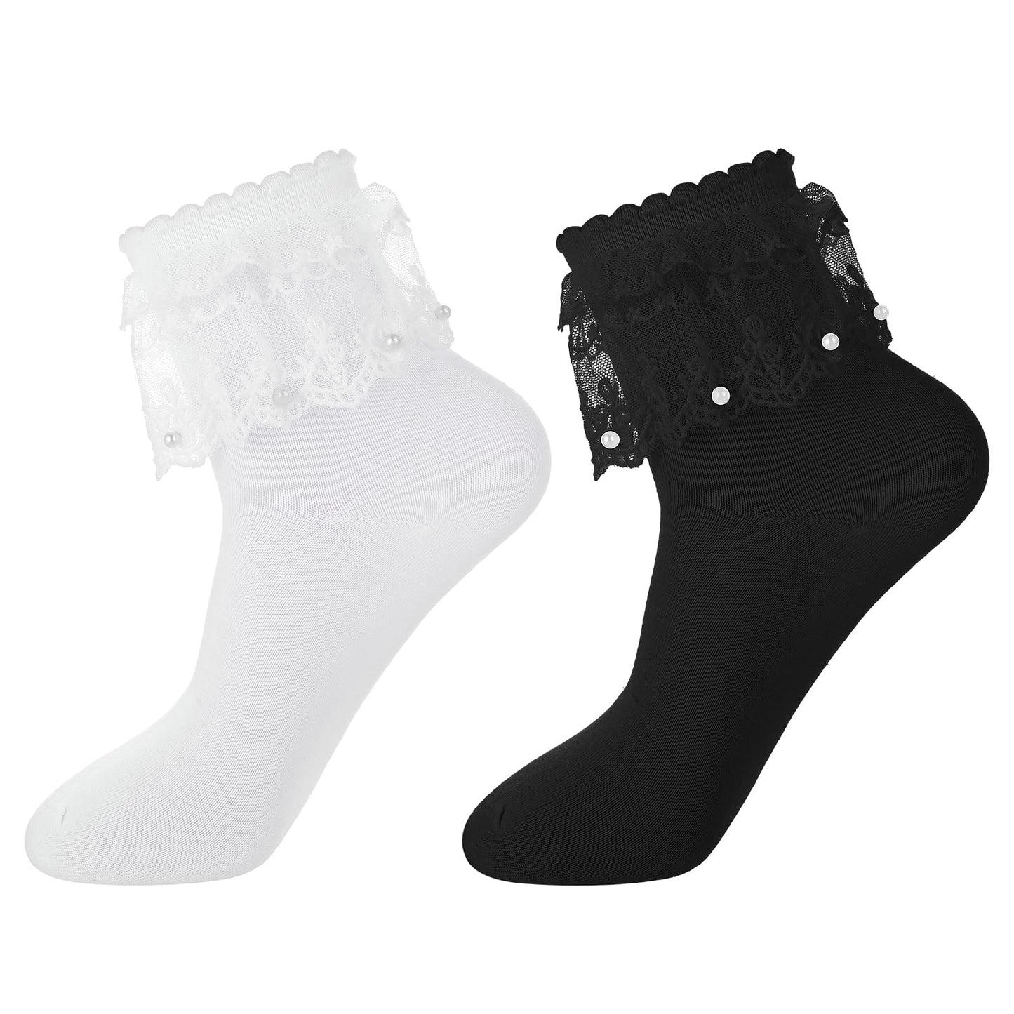 Yolev 2PCS Women's Ruffle Socks Pearl Lace Frilly Socks Sweet Black and White Lace Socks Cute Girls Princess Socks Opaque Dress Socks