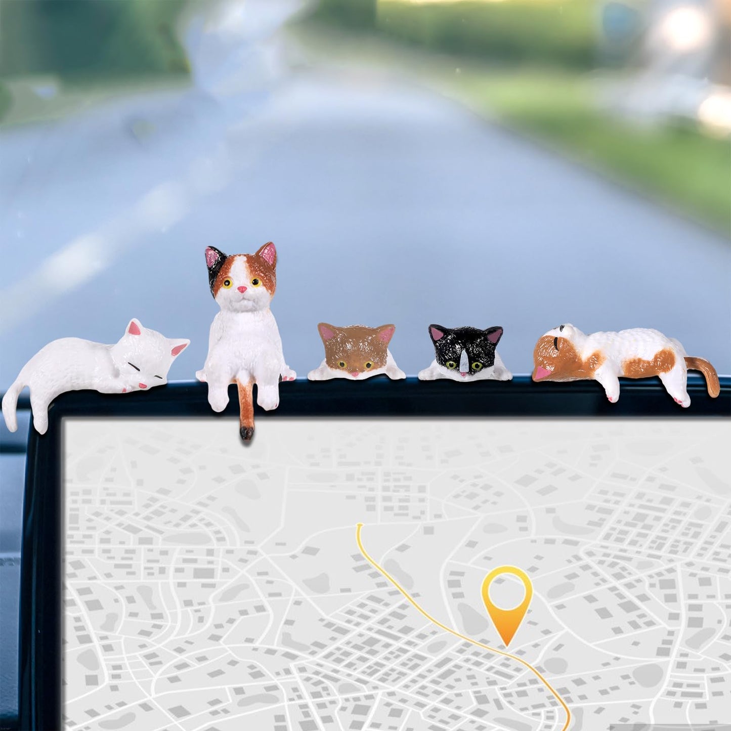 Tucnoeu 5pcs Cute Cat Fingurine Computer Monitor Decor, Mini Cat Figurines, Car Accessories Interior, Mini Resin Cats for Computer Monitors, Car Screens, Desks