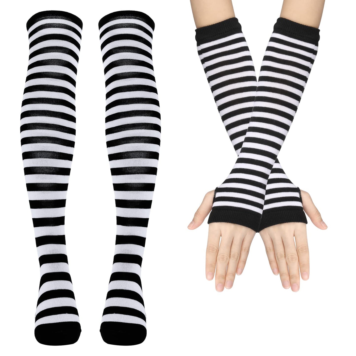 Women's Striped Knee High Socks & Arm Warmer Over Knee Stockings Leg Warmer Long Fingerless Gloves Warm Elbow Length Gloves Set for Halloween Christmas Costume (Black and White)