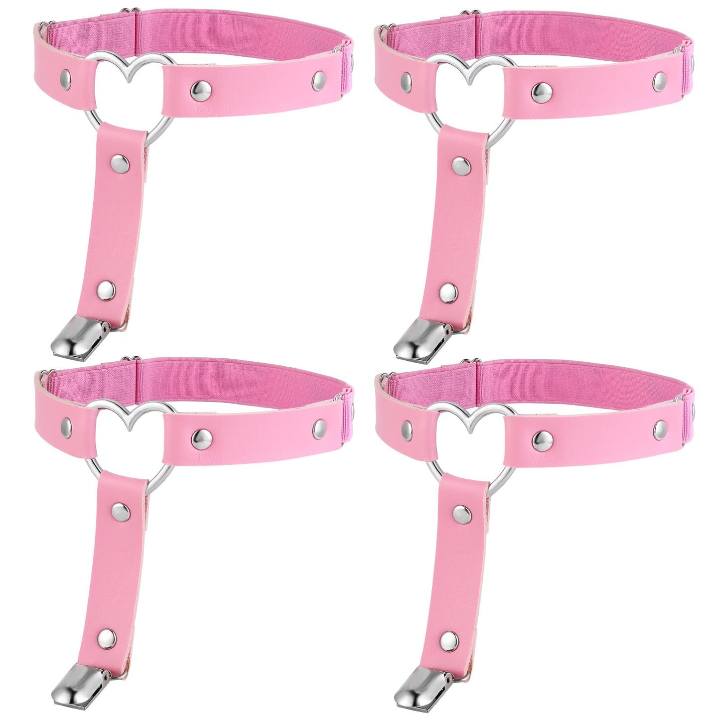 Yolev 4Pcs Women Adjustable Leather Thigh Garter Heart Shaped Leg Garter with Clips Punk Goth Garters for Thigh-high Socks (Pink)