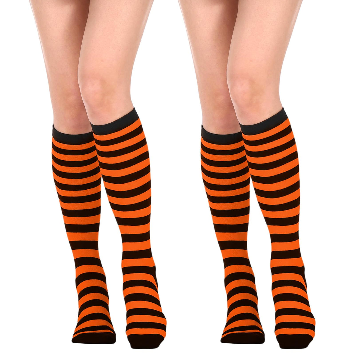 HaiFafafaing 2 Pair Striped Knee High Socks Black and Orange Striped Halloween Knee High Socks for Women Halloween Christmas Party Stockings
