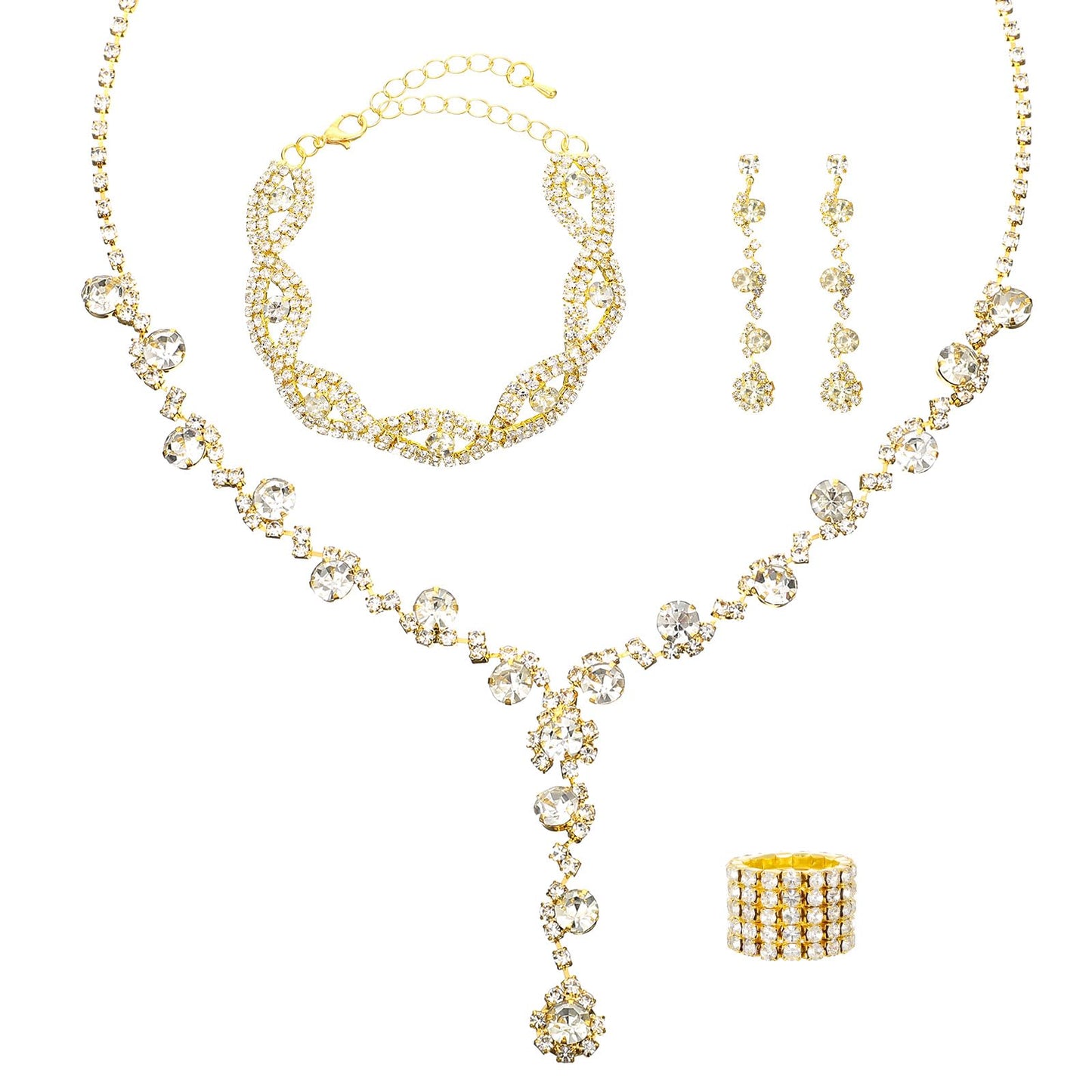 Telooco Gold Prom Jewelry Sets, Sparkly Rhinestone Necklace Earrings Bracelet Ring Set, Crystal Bridal Wedding Prom Formal Costume Jewelry Set for Women