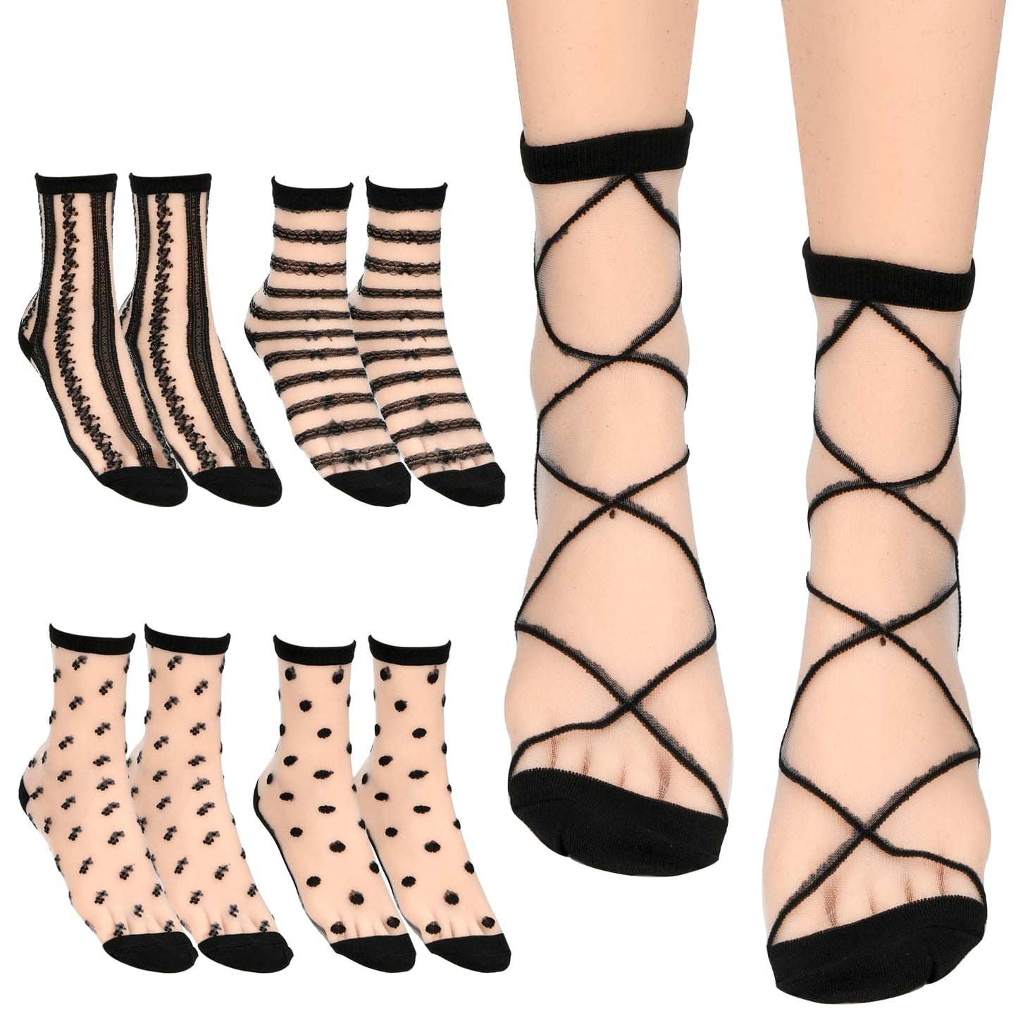 Lusofie 5Pairs Sheer Ankle Socks Black See Through Socks Striped Plaid Dot Cute Transparent Socks for Women Girls