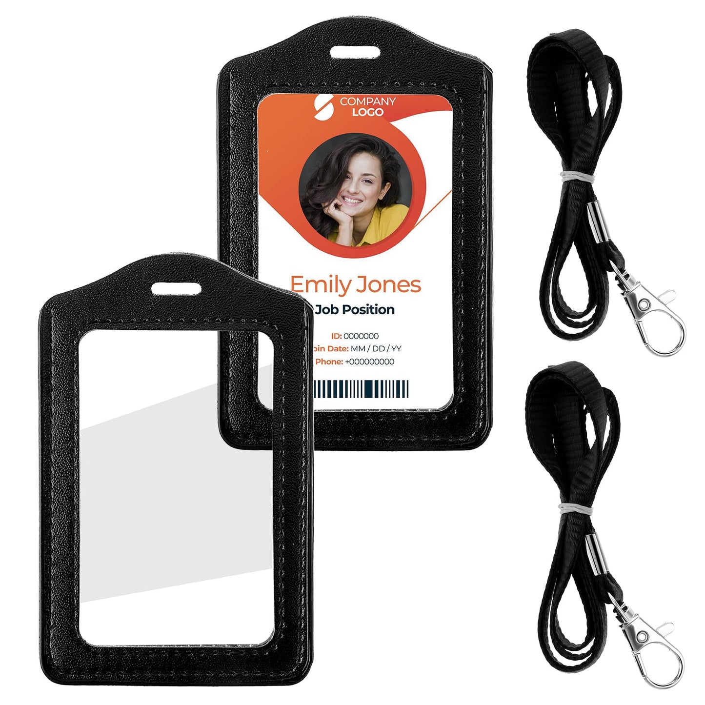 Lusofie 2pcs Leather ID Card Holder + 2 Lanyards, Black, PU Leather, Double-Sided, Clip, for Office, Staff, Students, Employees