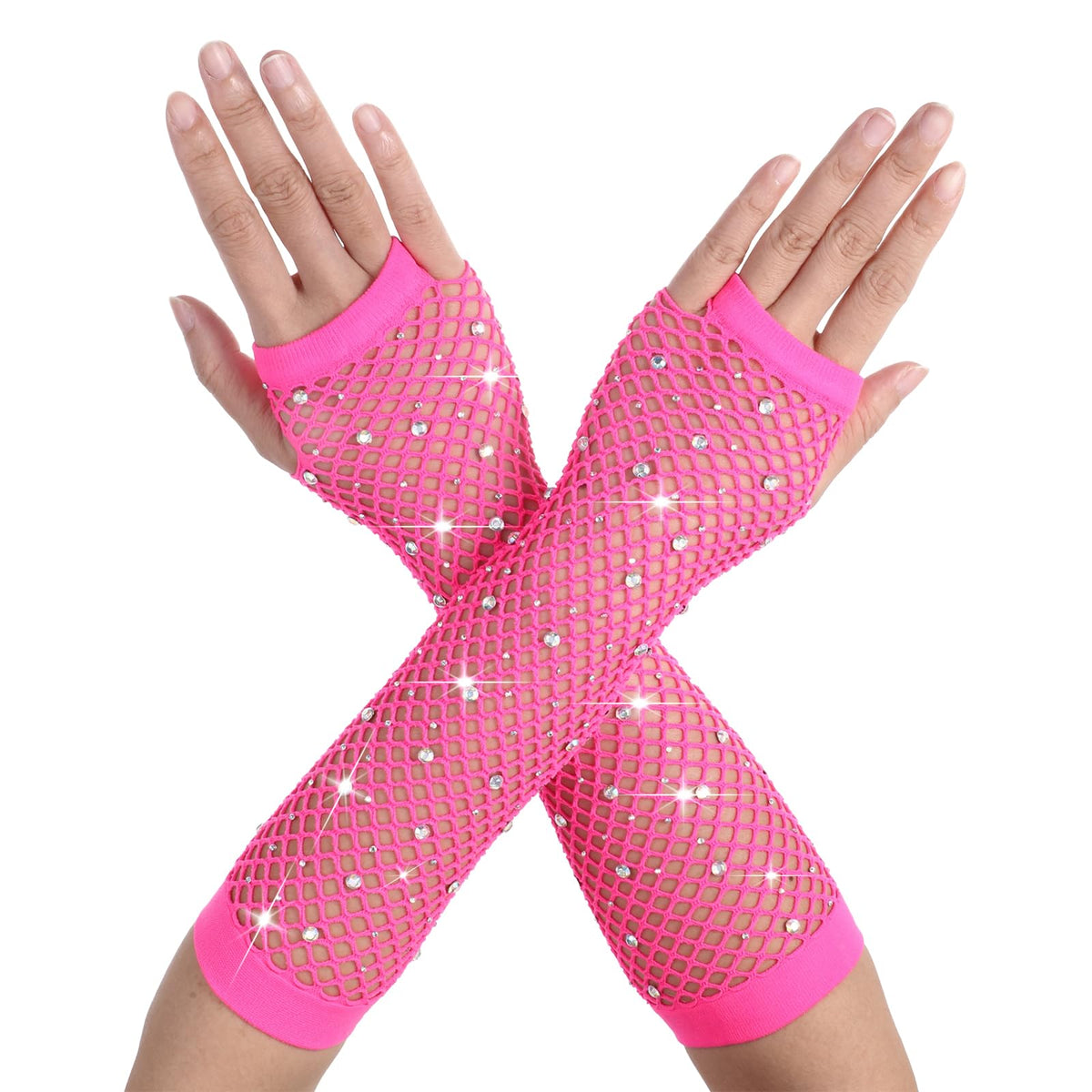 Women Rhinestone Fishnet Fingerless Gloves, Fish Net Arm Sleeve Warmers